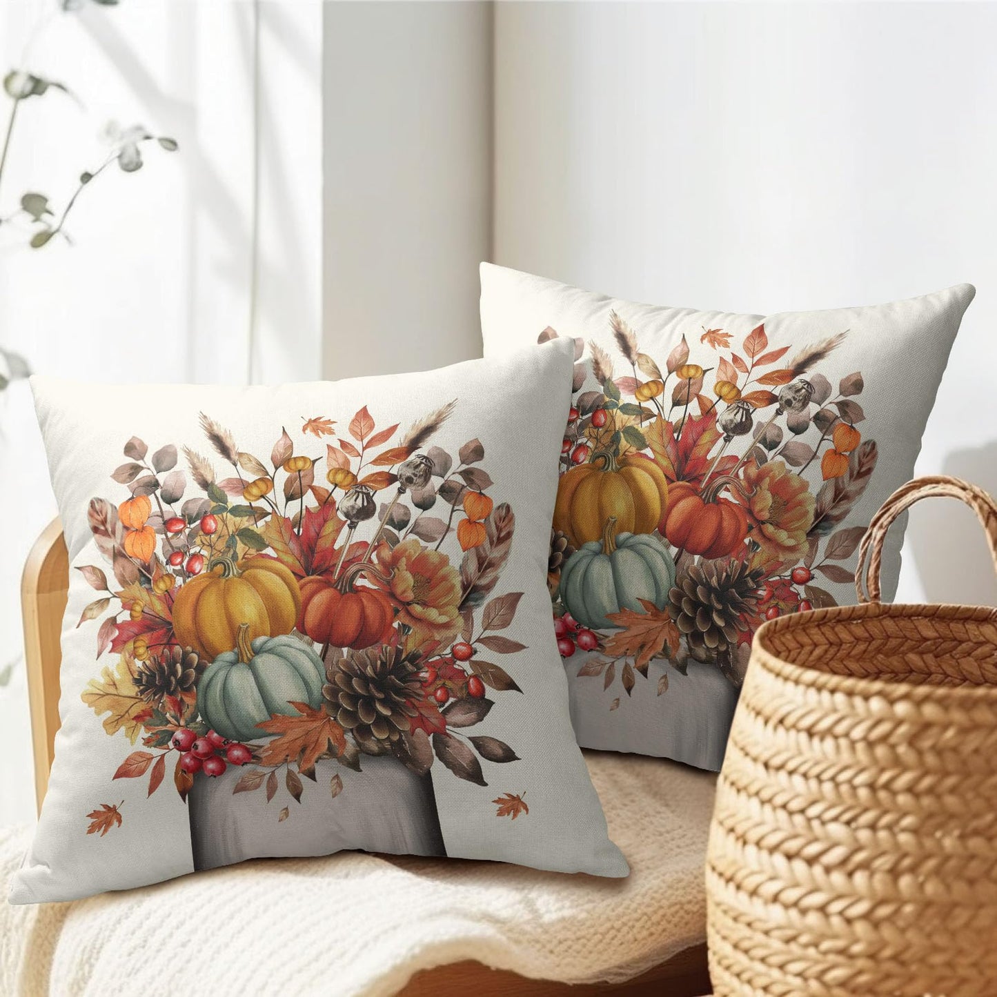 Fall Floral Maple Leaves Throw Pillow Covers 18X18 Inches Set of 2 Autumn Pumpkin Mason Jar Pillowcase Soft Cotton Linen Square Cushion Covers for Home Sofa Bedroom