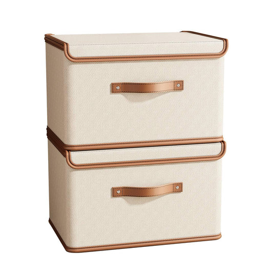 Tuza 2 Pack Storage Bins with Lids, Collapsible Closet Organizer Container, Fabric Organizer Box with Handles, Decorative Storage Boxes with Lids for Organizing Clothes, Books, File, White, Large