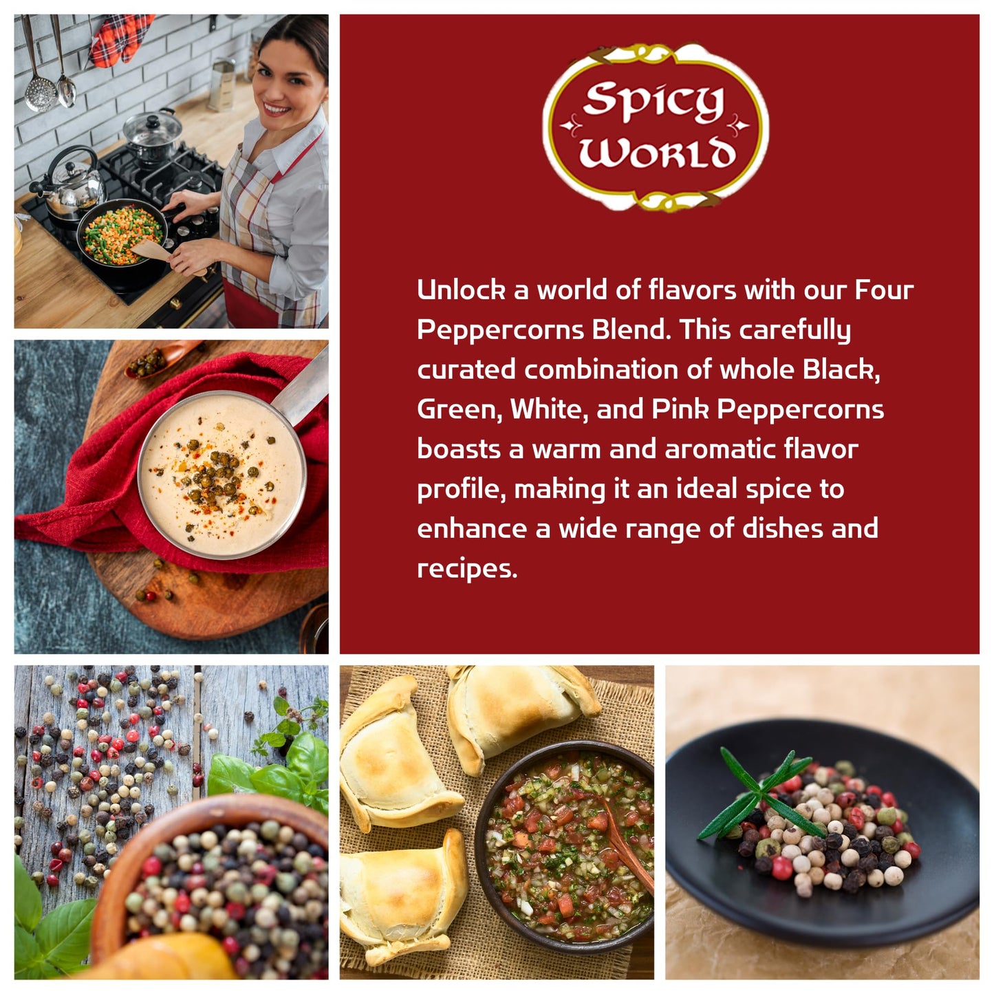 Spicy World Four Peppercorn Rainbow Blend in Resealable Bag – Perfect Flavor Blend - NON-GMO, Steam Sterilized - Whole Black, Whole Green, Whole White & Whole Pink Peppercorns, 8 Oz