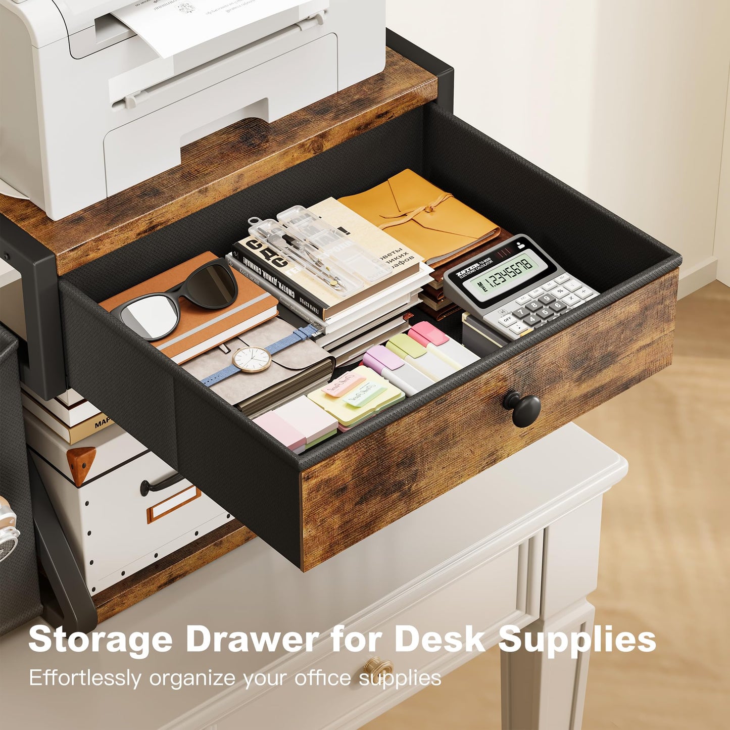 Homeiju Under Desk Printer Stand, 2-Tier Industrial Mobile Printer Table with Storage Bag and Drawer, Rolling Printer Cart Holder with Lockable Wheels for Home, Office