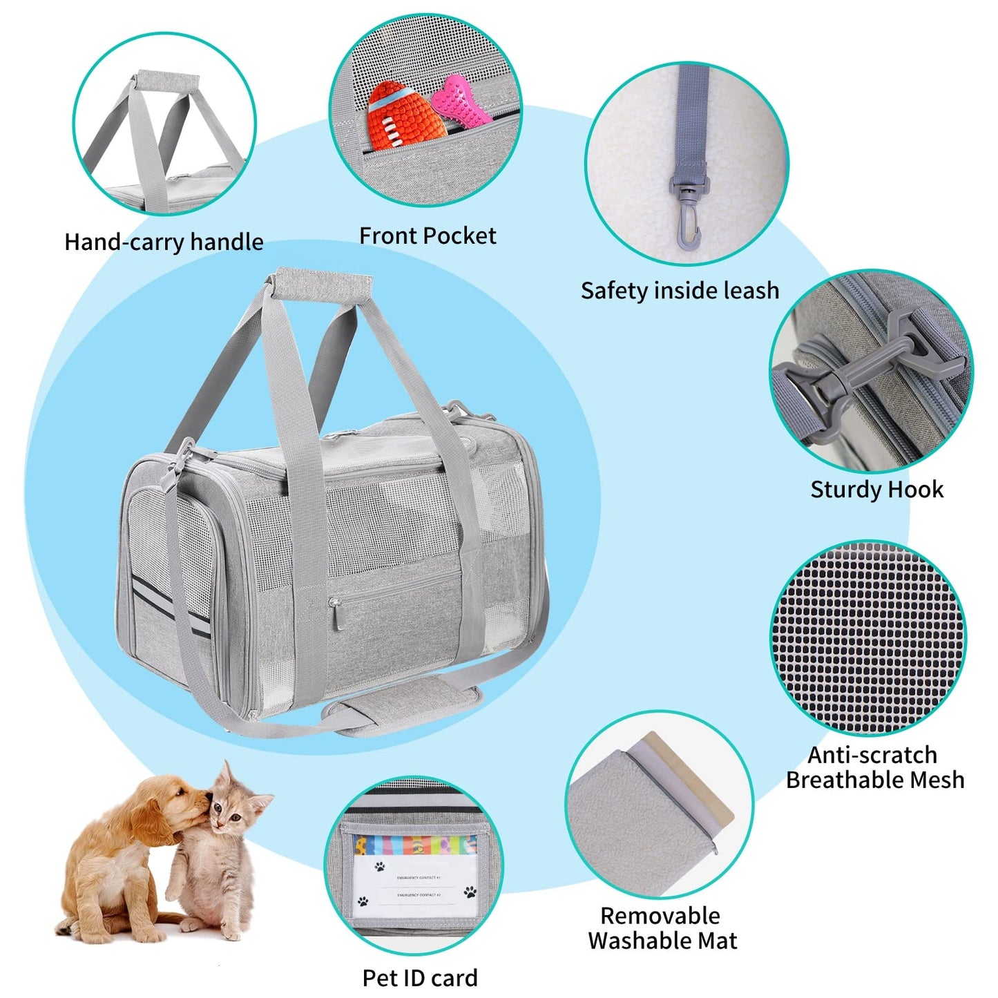 CUSSIOU Soft Sided Cat Carrier for Small Cats Puppies up to 15 Lbs, Airline Approved Pet Carrier Collapsible Travel Puppy Carrier with Reflective Strip, Grey