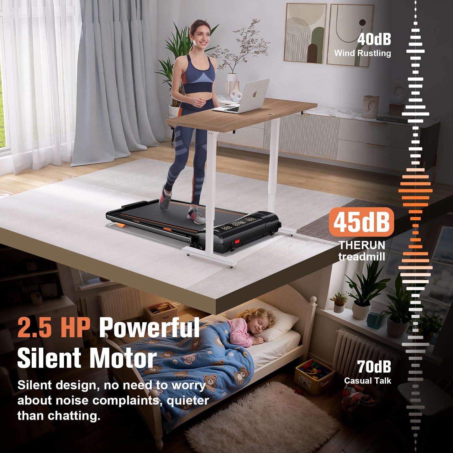 HONRISE Smart Walking Pad Treadmills for Home, Quiet Treadmill with Incline, Under Desk Foldable Treadmill, 320lbs Weight Capacity, Walking or Running for Home Office (Black/Orange)