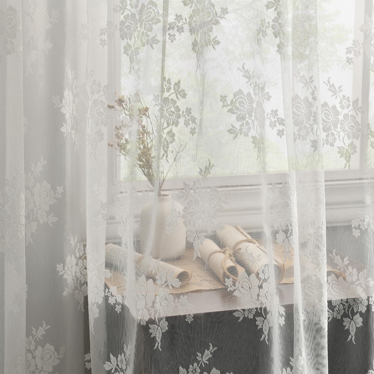 Kotile Ivory Lace Curtains 36 Inch Length 2 Panels, Country Rustic Floral Lace Curtains Short for Kitchen Window, Rod Pocket Privacy Lace Cafe Curtains, 42 x 36 Inch Each, 1 Pair, Ivory