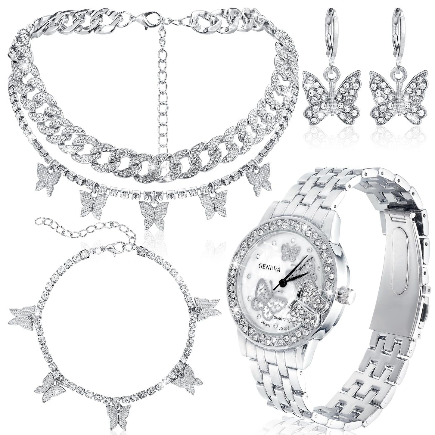 Huquary 4 Pcs Butterfly Hip Hop Jewelry Set Butterfly Link Chains Bling Rhinestone Watch for Man Artificial Diamond Necklace Bracelet Crystal Watch Sliver Bling Earrings