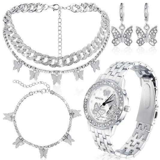 Huquary 4 Pcs Butterfly Hip Hop Jewelry Set Butterfly Link Chains Bling Rhinestone Watch for Man Artificial Diamond Necklace Bracelet Crystal Watch Sliver Bling Earrings