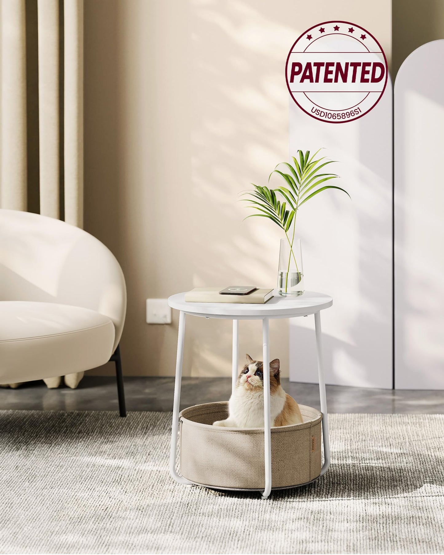 VASAGLE Nightstands, Set of 2 Small Round Side Tables with Fabric Basket, Bedside End Tables, for Bedroom, Matte White and Camel Brown ULCT665W01