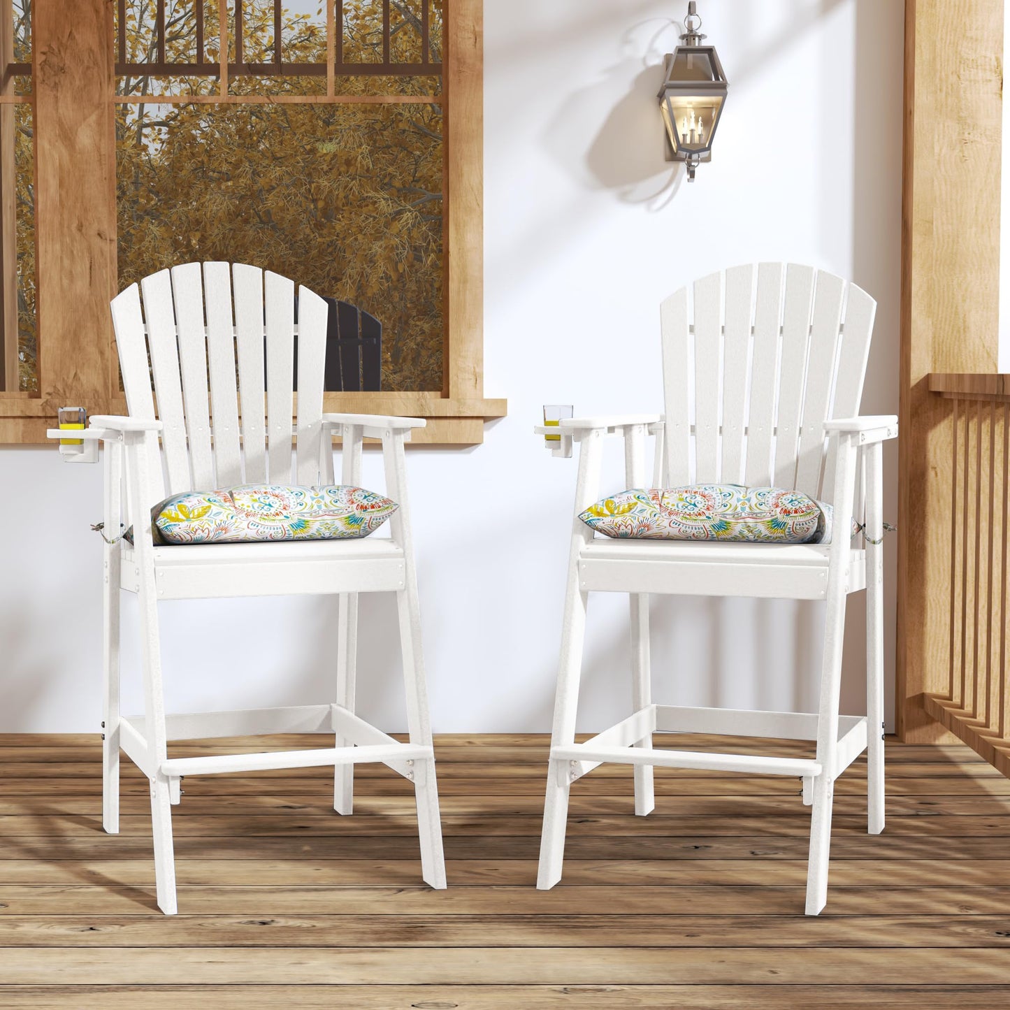 Sundale Outdoor Tall Adirondack Chairs Set of 2, 30 Inch Seat Height Patio Adirondack Bar Stools, HDPE Pub Chairs with Backrest, Tall Bistro Dining Counter Stool with Cushion, All-Weather, White