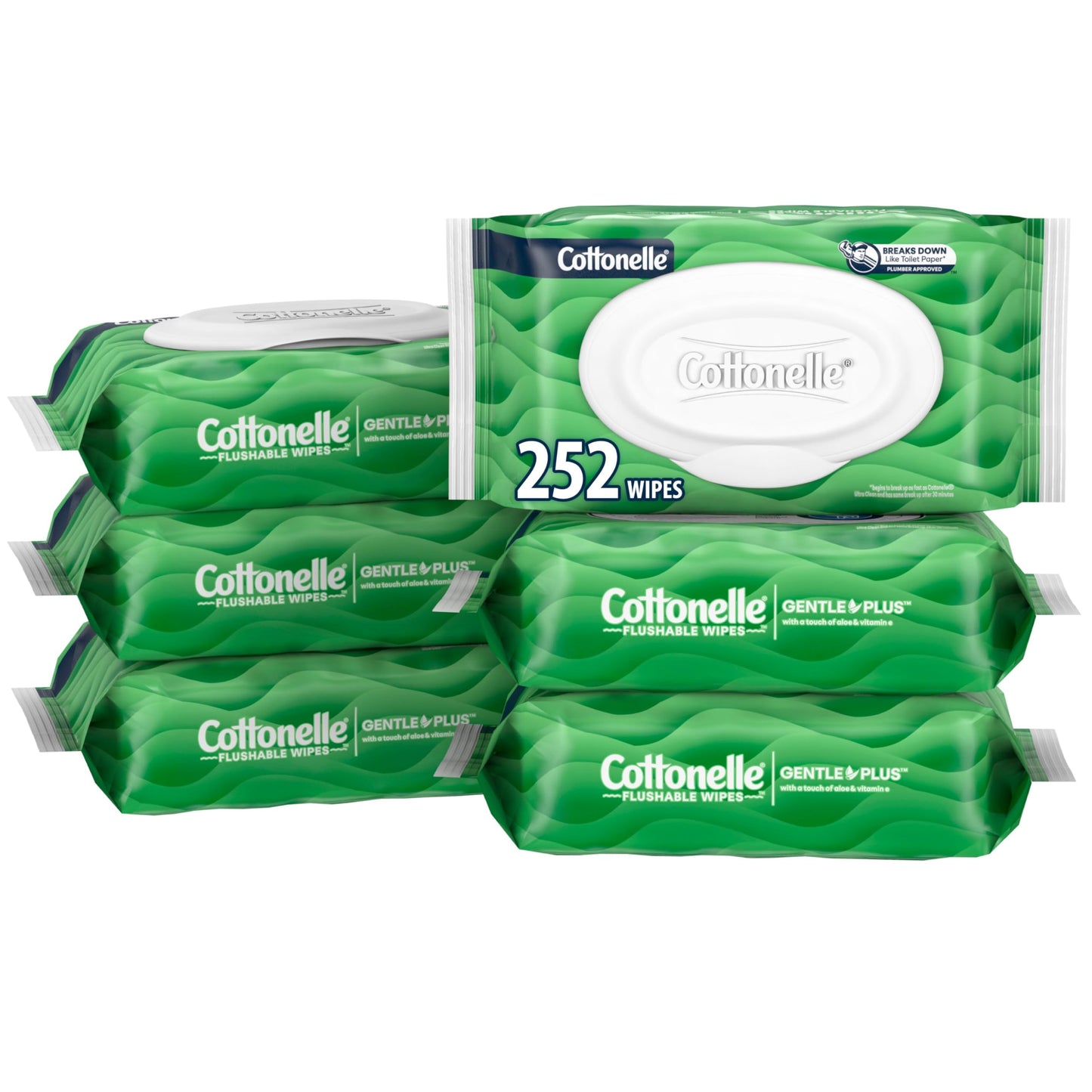 Cottonelle GentlePlus Flushable Wet Wipes with Aloe & Vitamin E, 8 Flip-Top Packs, 42 Wipes Per Pack (336 Total Wipes), Packaging May Vary
