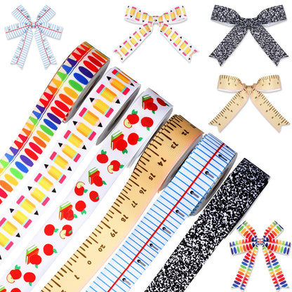 6 Pcs School Ribbons for Crafting 30 Yards Back to School Teacher Grosgrain Ribbons Ruler Ribbon Pencils Apples Book Crayon Craft Teacher Appreciation Craft DIY Supplies (0.39 Inches)