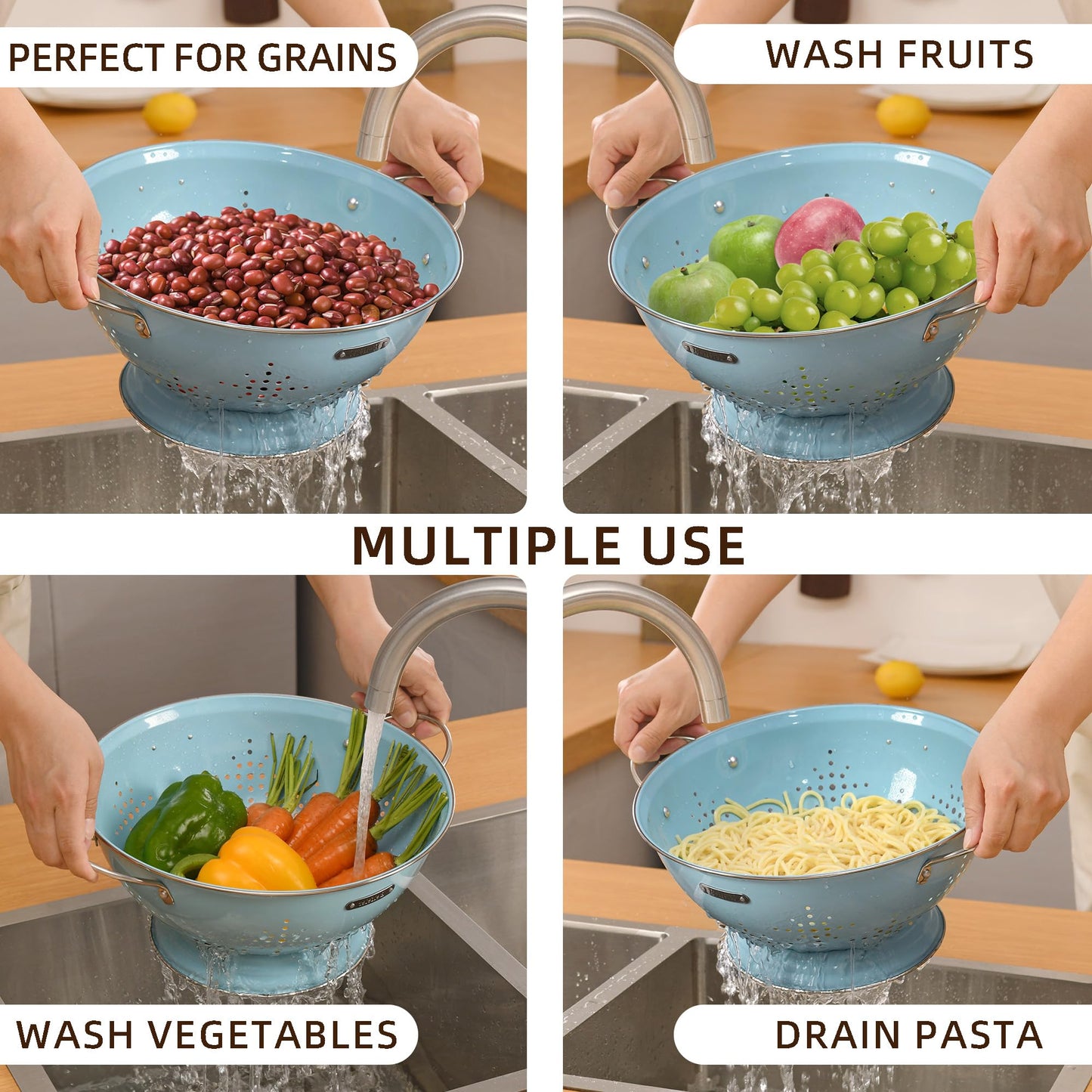 Metal Colander 2 Pack, Strainer Bowel with Handles 2Qt & 6Qt Powder Coated Solid Ring Base Heavey Duty Kitchen Drainer Basket for Pasta Veggies and Fruits,New Home Apartment Essentials (ArcticBlue)