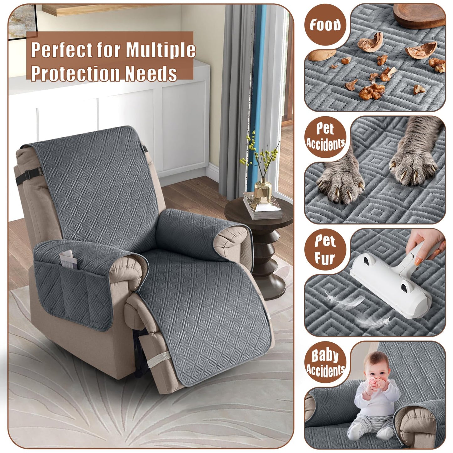 Timeles 100% Waterproof Recliner Chair Covers, Recliner Cover That Stay in Place with Pocket for Pets & Dogs,Furniture Slipcover Protector Washable (Medium: 23",Gray)
