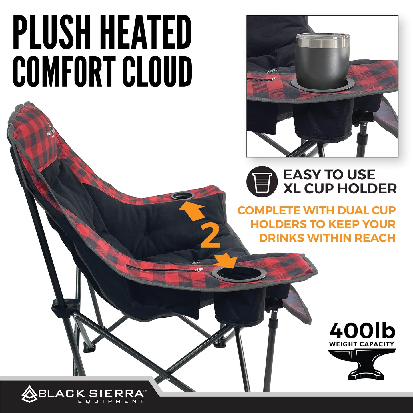 Black Sierra Heated Camping Chair for Adults, Oversized Outdoor Seat with Plush Padding, Supports 400lbs, Cup Holders and Carry Bag, Heavy Duty Folding Chair for Tailgating, Patio, or Sideline Comfort