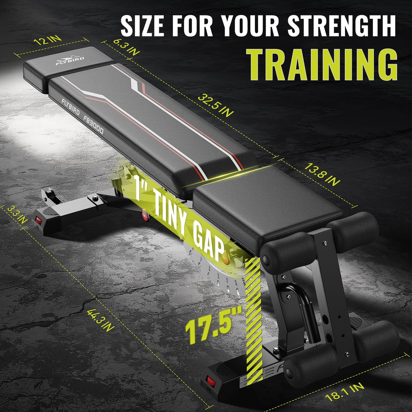 FLYBIRD Strength Training Bench for Home Gym, Vertical Storage Space-Saving Workout Bench, 1200lbs Capacity Adjustable Weight Bench with Detachable Headrest and Leg Support