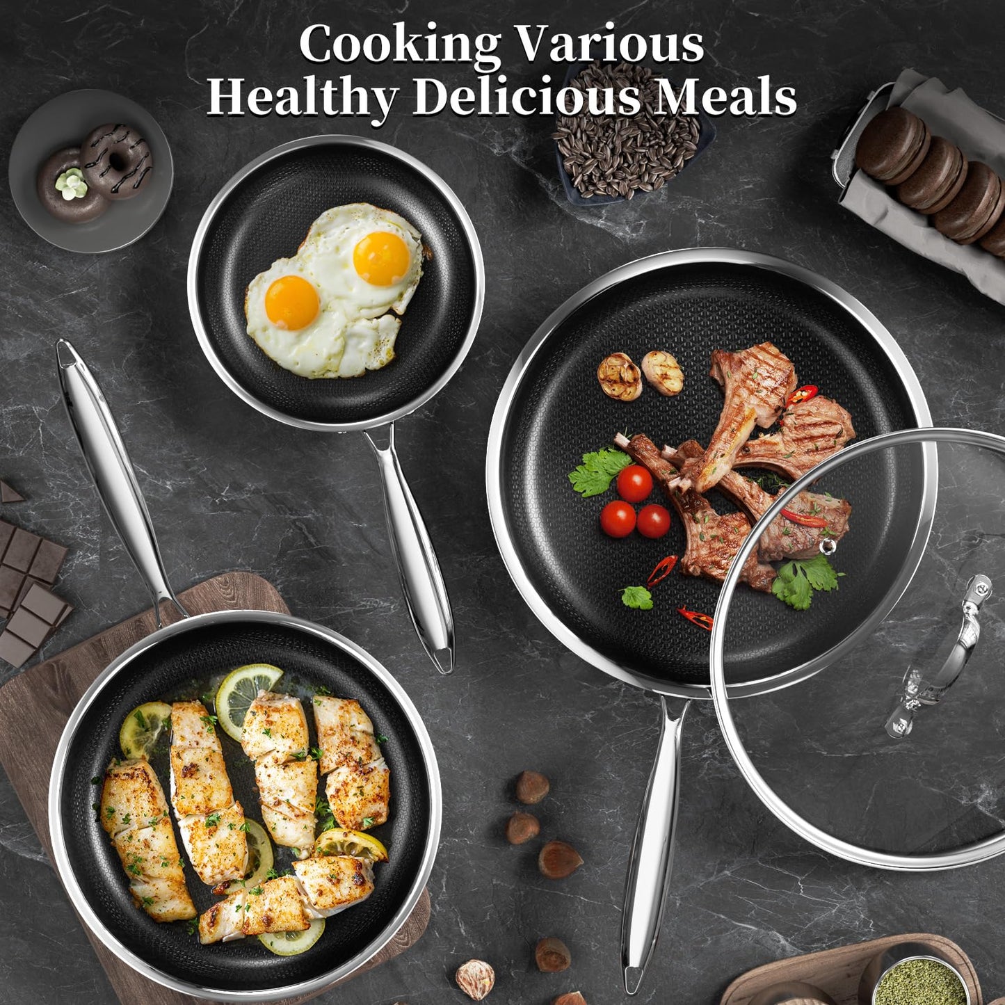 Innerwell Nonstick Titanium Ceramics Stainless Steel Frying Pan Set, 6 Pieces Nonstick Honeycomb Stainless Steel Frying Pan Set, Non Stick Egg Omelet Cooking Pan Set, Induction Compatible, PFAS Free