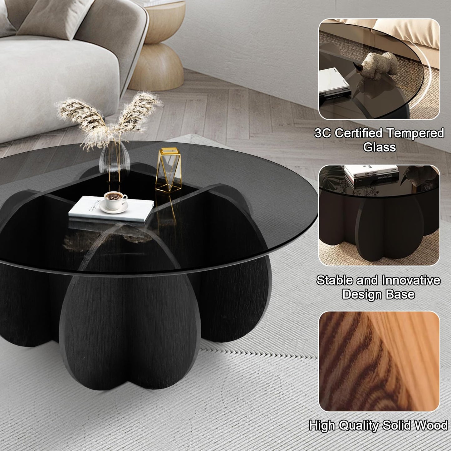 Coffee Table,31.5"Round Glass Coffee Table for Living Room Mid Century Modern Coffee Table Unique Circle Center Table with Wood Base Rustic Accent Center Cocktail Table for Home Small Space（black）