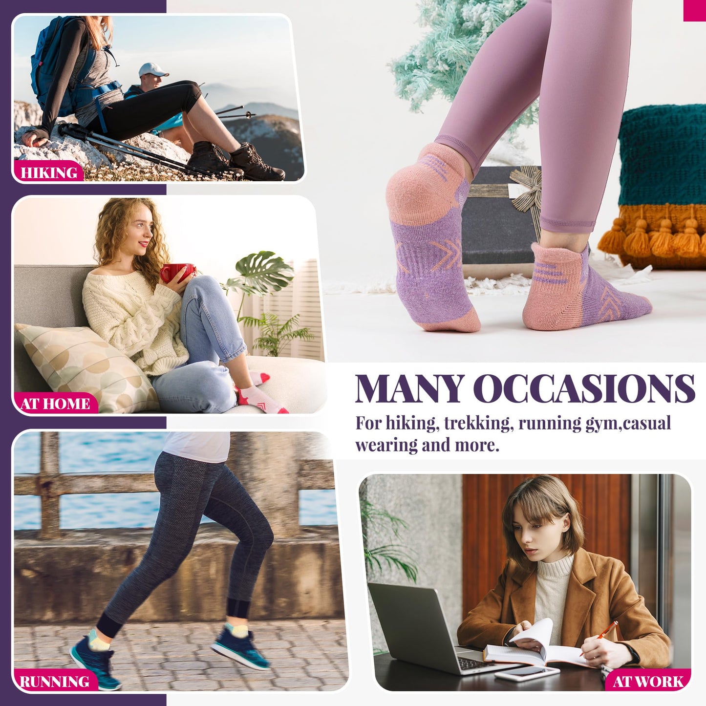 Velice Merino Wool Ankle Hiking Running Socks for Women Compression Support Thick Athletic Cushion Breathable No Show Socks 6 Pairs(Multicolor, Medium)