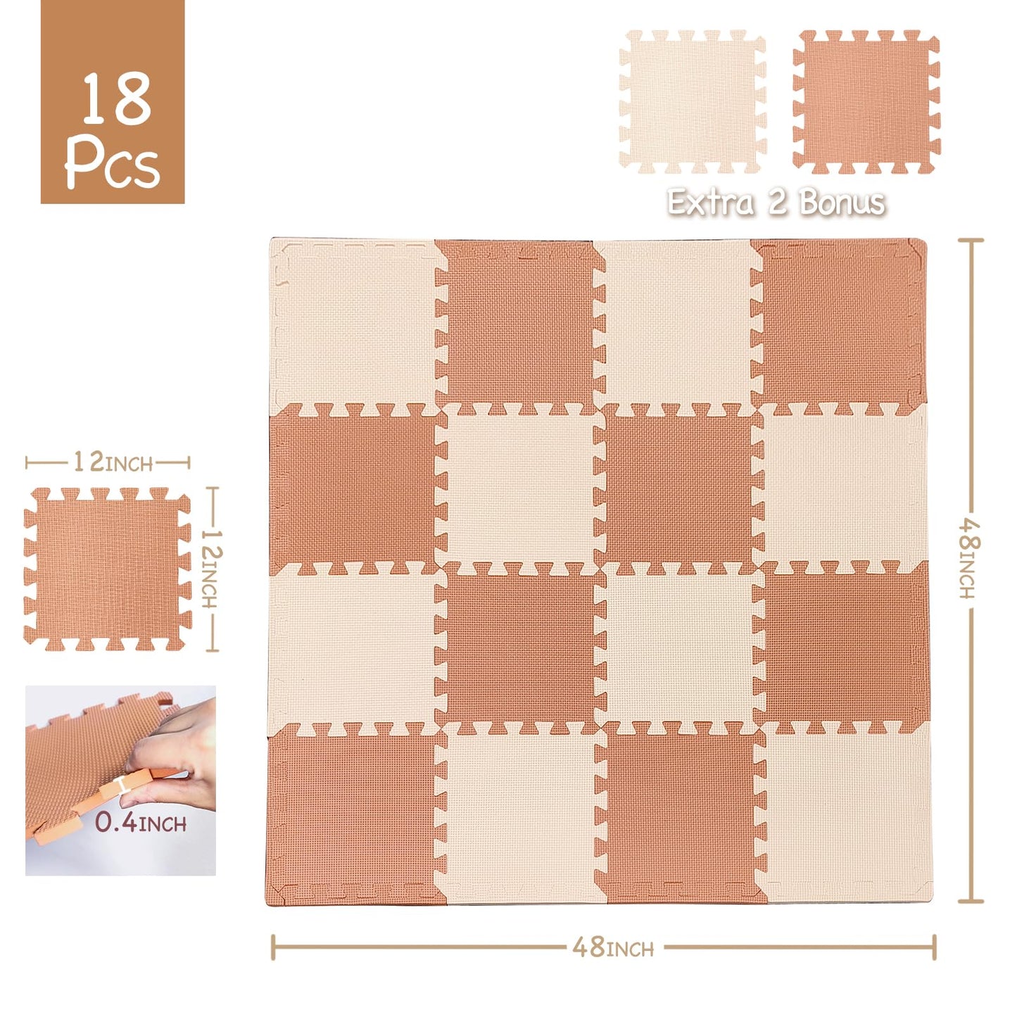 TCBunny Kids Soft EVA Foam Jigsaw Puzzle Play Mat, 18 Interlocking Tiles and Edges Baby Play Mat, for Kids Gym, Nursery, Playroom, Pet Mat, Total Floor Coverage 16 Sq Ft, Pink/Peach