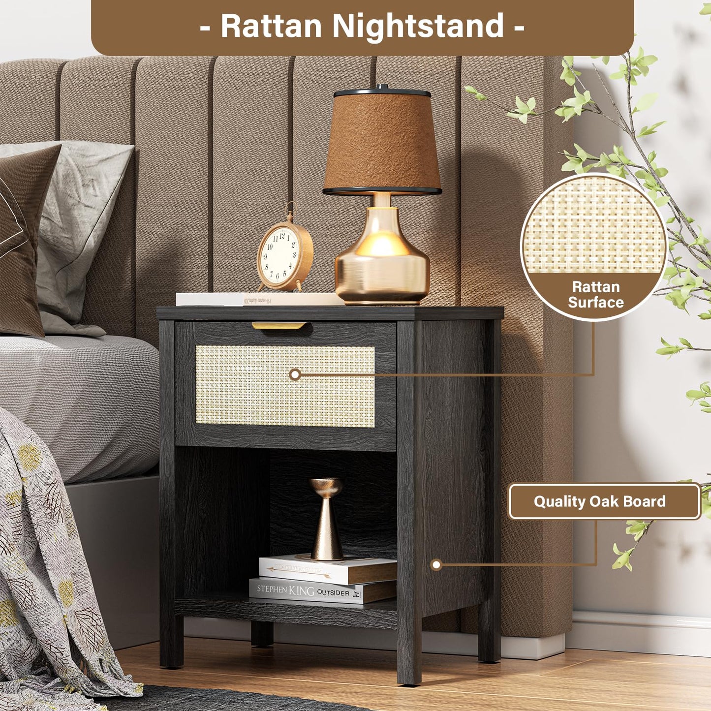 DEMEGA Rattan Nightstand Set of 2 Black Night Stand Bedside Table with Drawer and Storage Shelf Boho Side Table for Bedroom End Tables