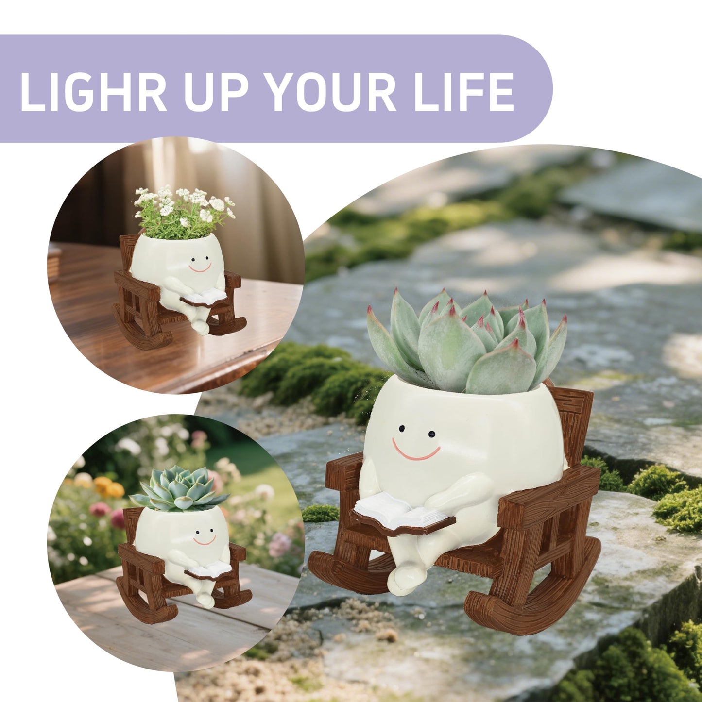 Smiley Face Planter Pot, Cute Plant Pots for Indoor Outdoor, Unique Reading Rocking Chair Plant Pot for Succulents Plants Live with Drainage Hole, Gift Idea for Mother Day and Christmas