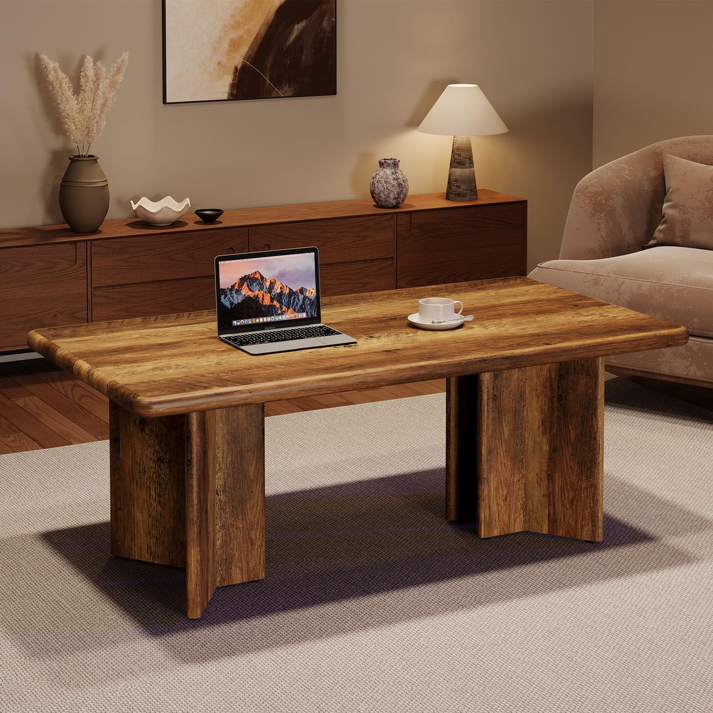 Tribesigns Rectangle Coffee Table, 47.24-Inch Farmhouse Low Cocktail Tea Table, Home Living Room Center Furniture, Rustic Brown