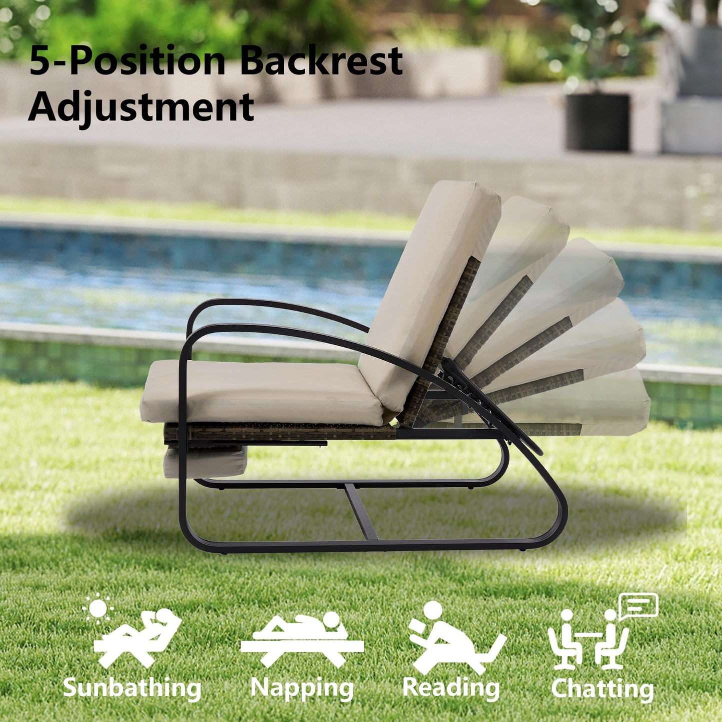 DAYARUS 3 Piece Patio Furniture Set with Pullout Footrest, Adjustable Backrest Patio Conversation Set, Metal Patio Chairs with Coffee Table, Outdoor Furniture Lounge Recliner for Lawn/Balcony, Khaki
