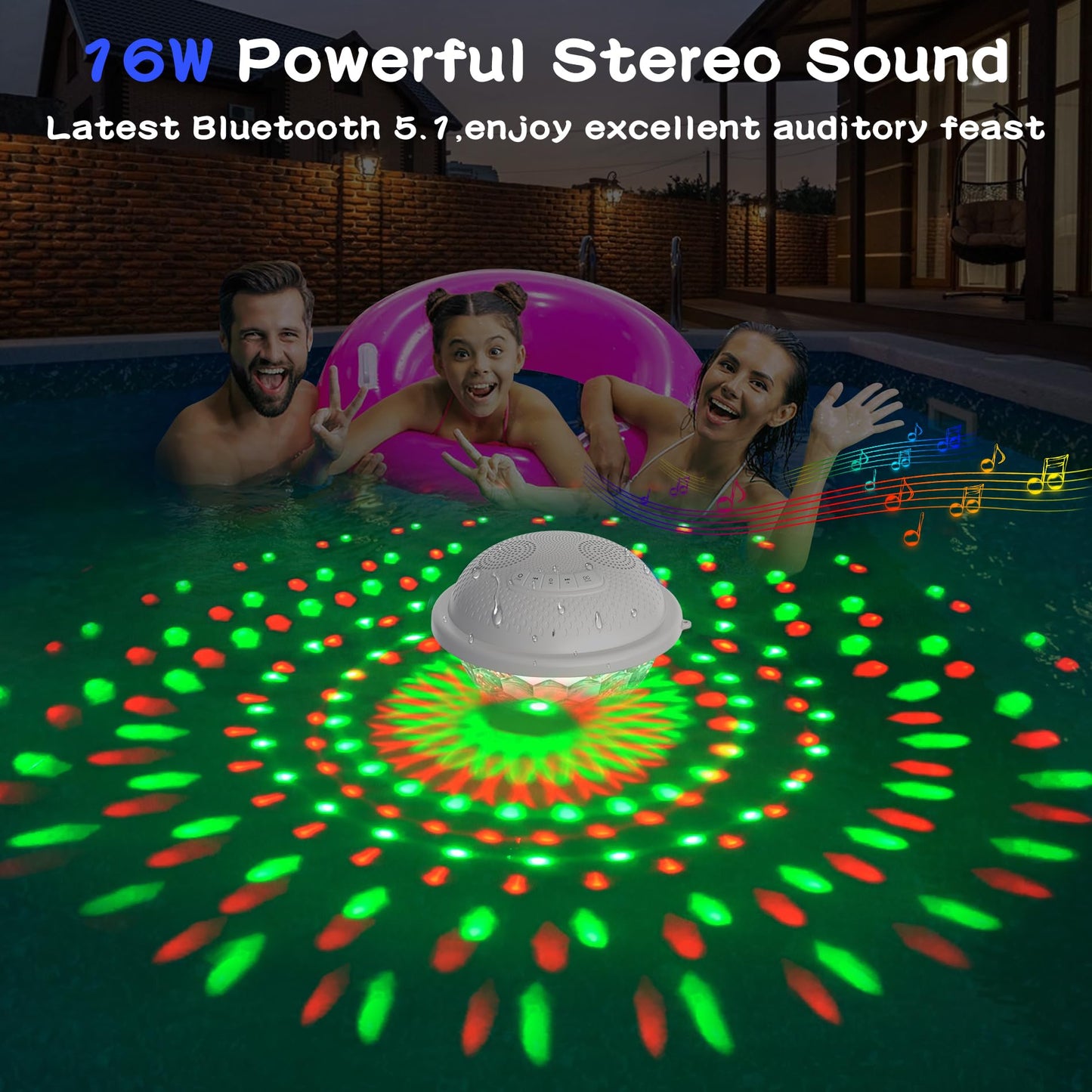KingSom Bluetooth Pool Speaker,Floating Pools Speaker with Colorful Lights,Hot Tub Speakers IP68 Waterproof P ool Speakers,16W Loud Stereo Sound Bluetooth Speak er,TWS Pairing Floating Speake r-White