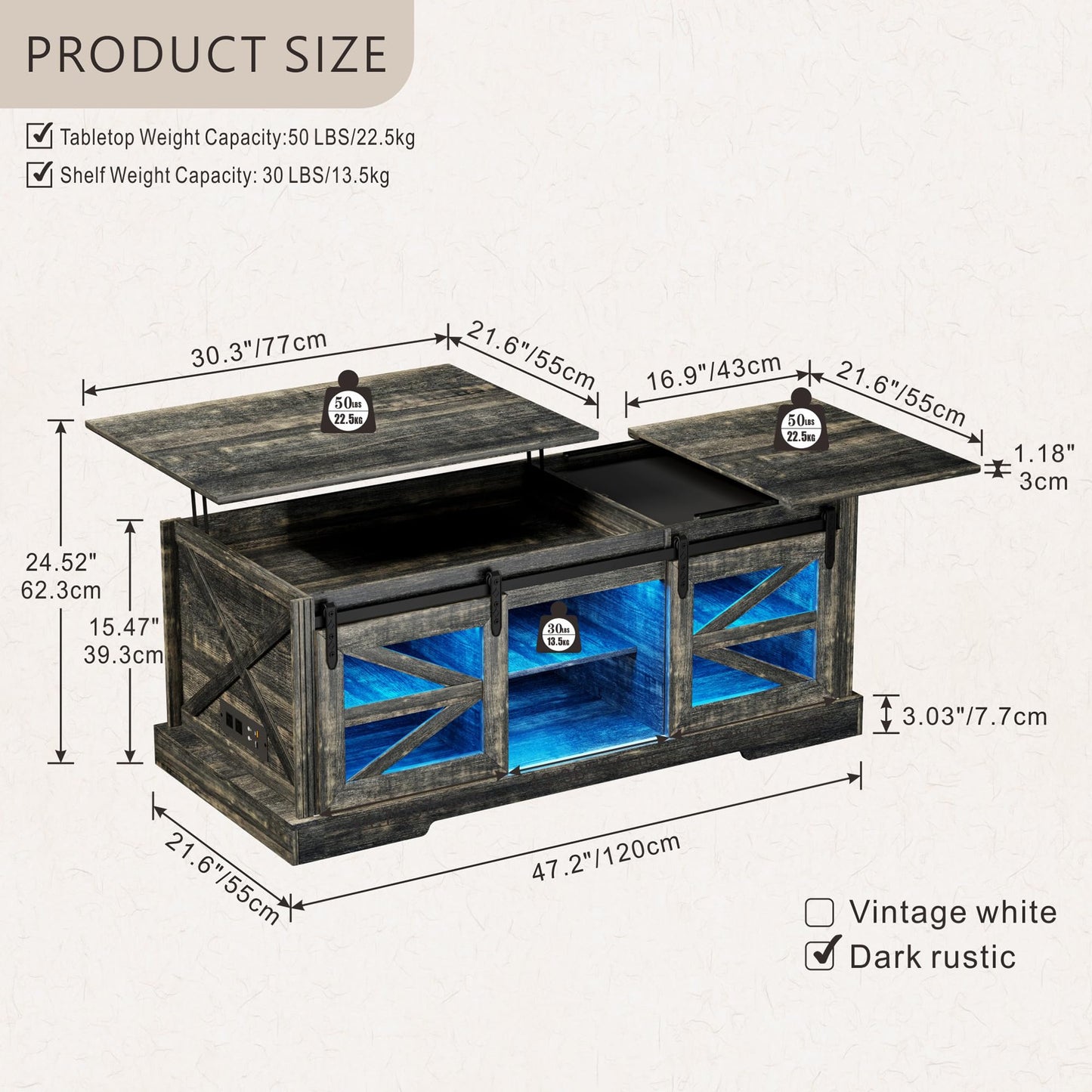 Lift Top Coffee Table with Gun Cabinet, 2 Sliding Barn Doors-Large Storage and 3 Color LED Lights fit Modern Rectangular Rustic Living Room Center Table（Dark Oak）