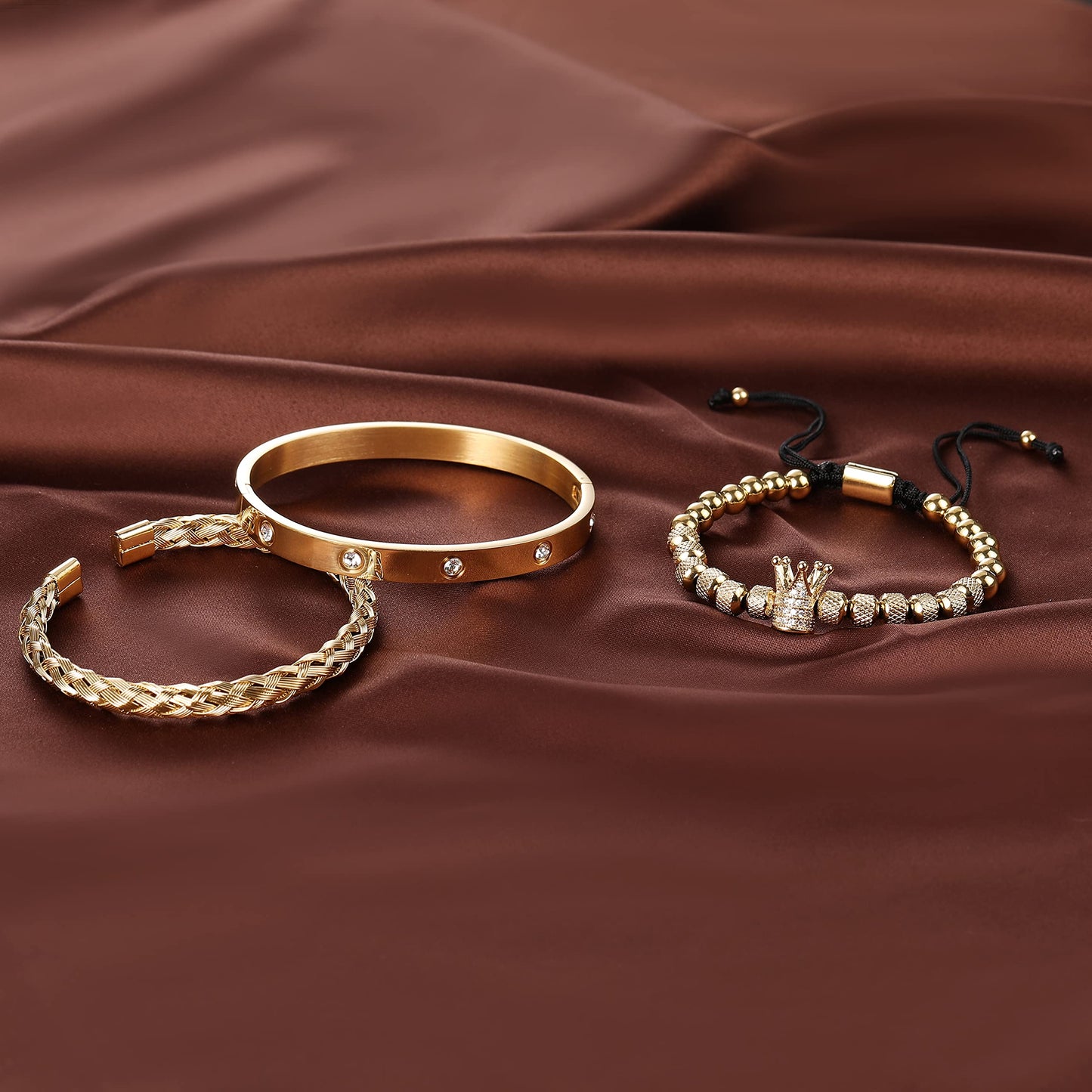 WFYOU 3PCS Stainless Steel Imperial Crown Bracelets for Men Gold Roman Numeral Bangle Bracelet Adjustable Cuff Bracelet Mens Luxury Jewelry Gifts (01:Gold-Cubic Zirconia)