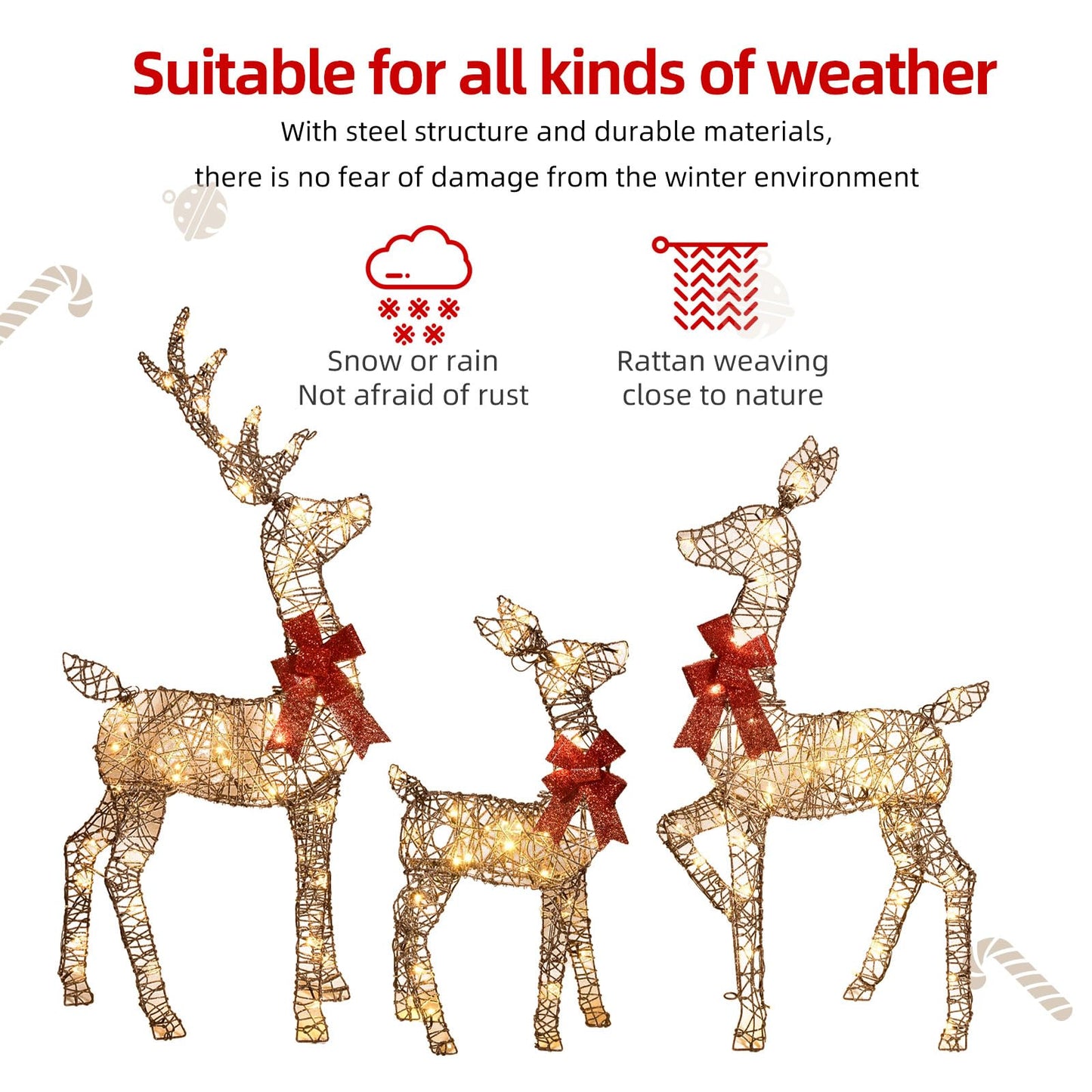 HOYECHI 4ft Christmas Decorations Outdoor Lighted Reindeer – 3-Piece 2D Deer Family Set with 145 Warm White LED Lights for Yard, Lawn, Garden & Porch Holiday Display - Rattan