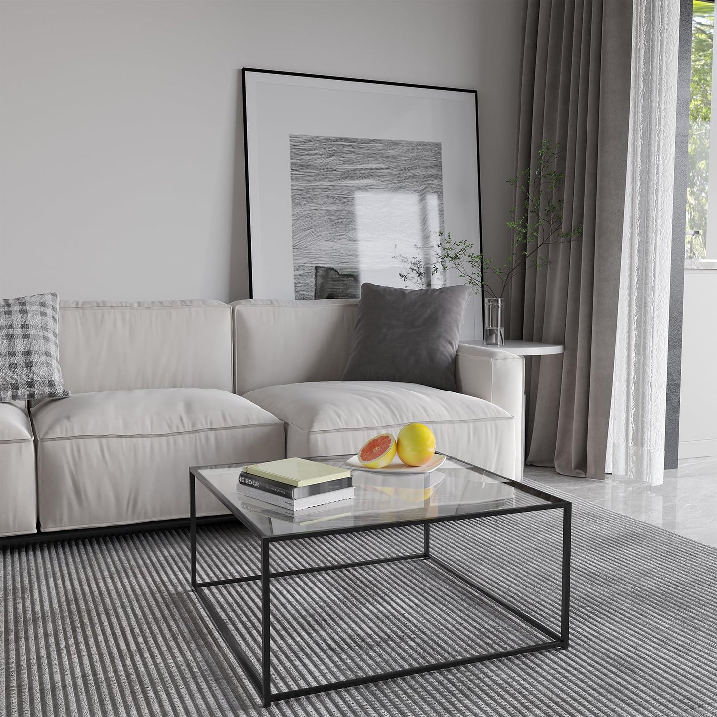 Glass Coffee Table Modern Center Table,Minimalist Coffee Table Sofa Side Tea Table for Living Room,Tempered Glass-top with Sturdy Metal Frame, Easy Assembly,26.4 x 26.4 x 15.7 Inches, Black