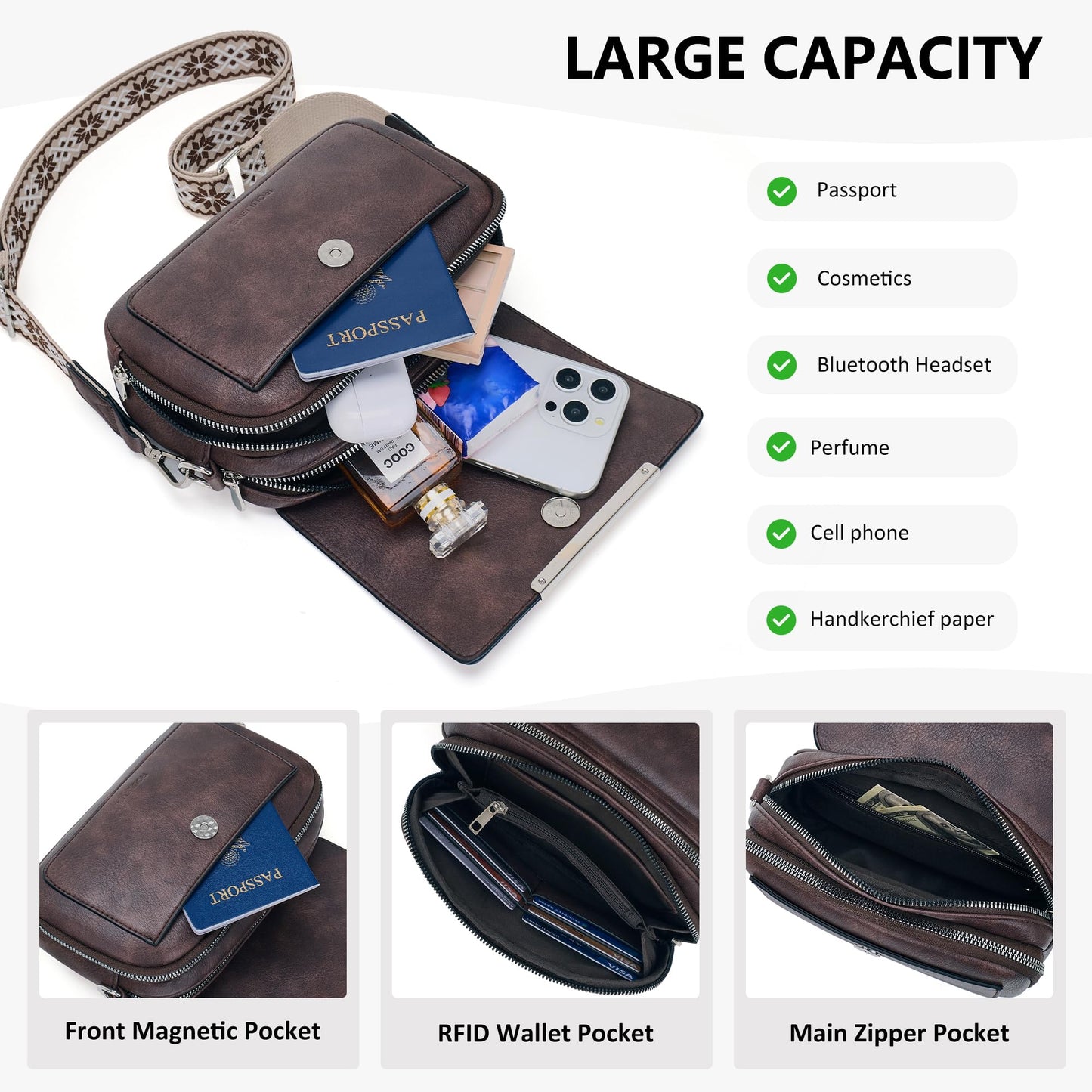 Roulens Crossbody Bags for Women Small Crossbody Wallet Purses with Card Slots Leather Shoulder Handbags Travel/Daily Use