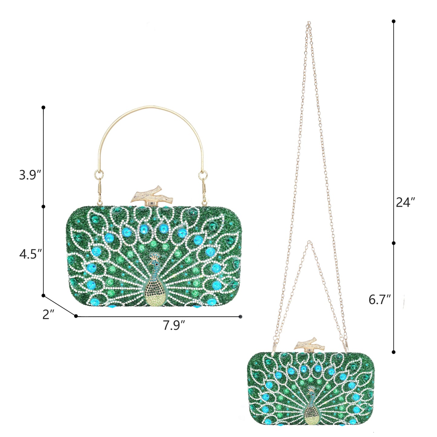 MAIRLOM Rhinestone Clutch Purses for Women Evening Wedding Formal - Round Pearl Clasp Handbag - Crystal Diamond Bag(Square Peacock Green)