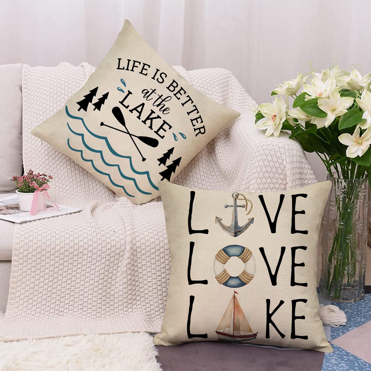 Softxpp Life is Better at the Lake House Decorative Throw Pillow Cover Set of 4, Farmhouse Paddles Anchor Lakehouse Cushion Case, Lakehouse Rustic Spring Summer Home Decoration Pillowcase Decors 18x18