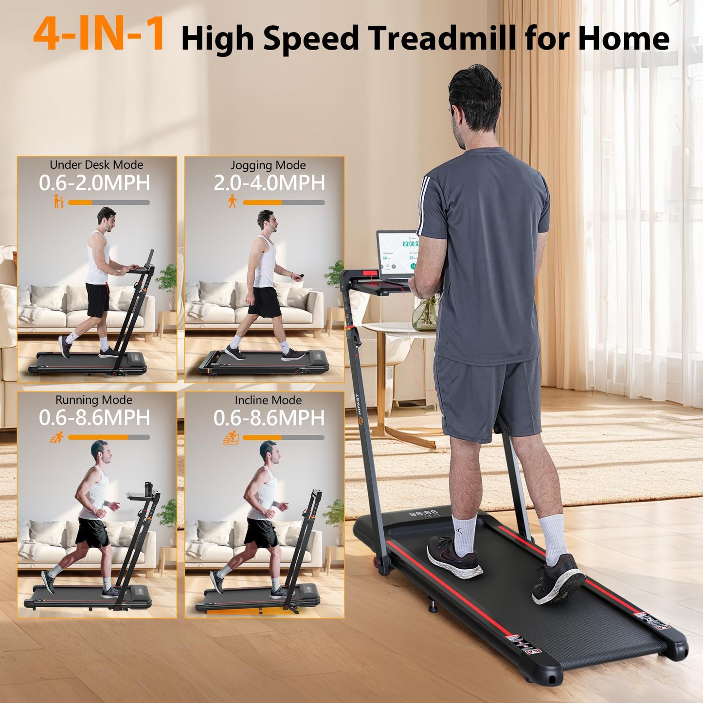 HiFast Walking Pad Treadmill, 3.0HP Under Desk Treadmills with Handle Bar and Incline, 300lbs Capacity with Removable Desk Workstation, Foldable Treadmill with Remote Control, APP for Home Office