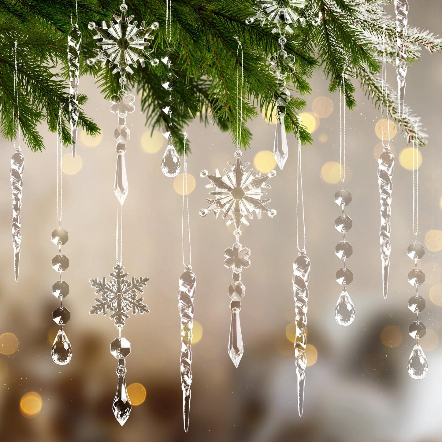 20pcs Christmas Ornaments Set for Tree - Hanging Acrylic Crystal Snowflake Icicle Drop Decorations for Winter Christmas Tree, New Year Party Supplies