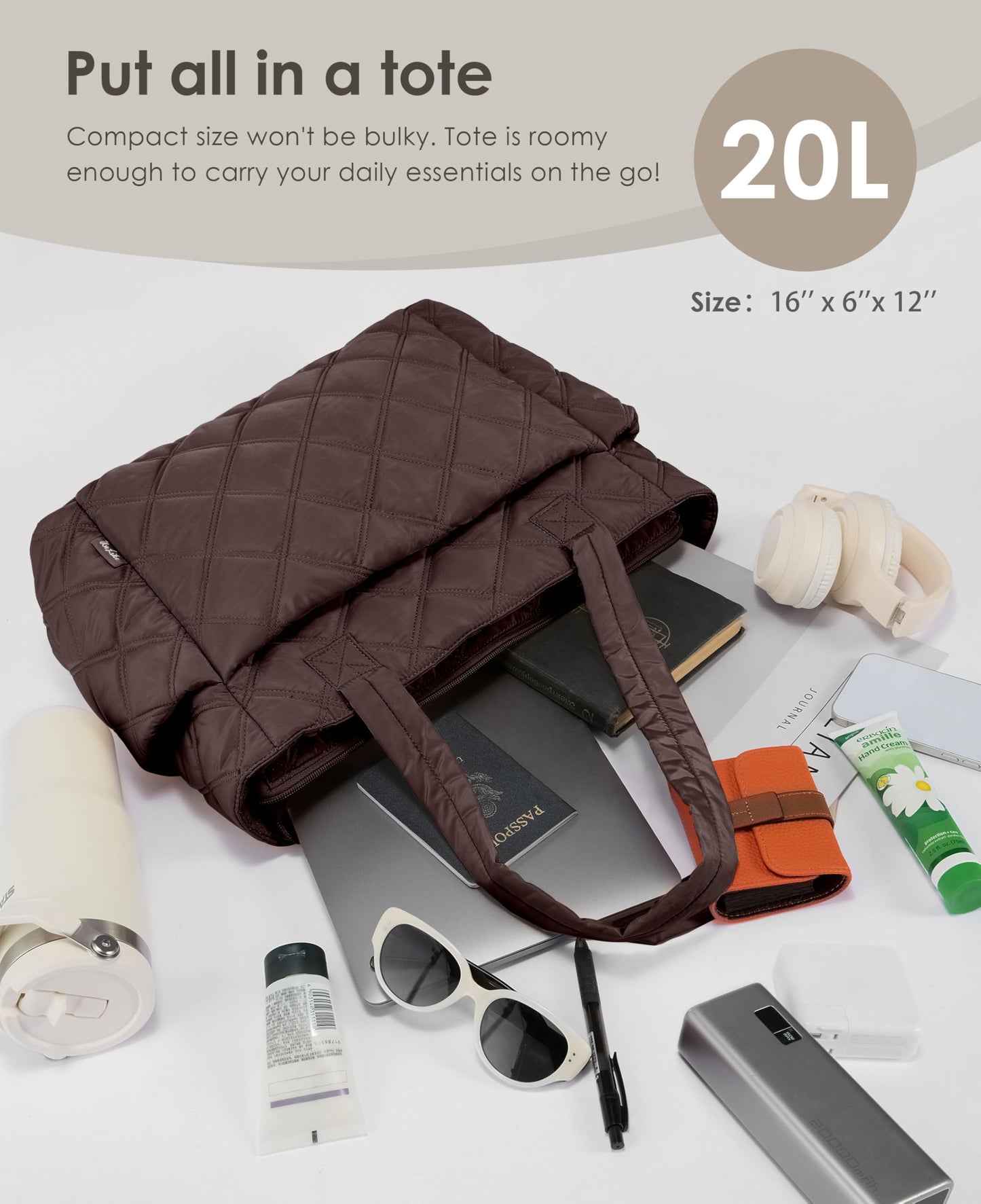 Uselike Tote Bag for Women, Lightweight Puffer Tote Work Bags with Compartments for Travel, Quilted Shoulder Bag with Zipper