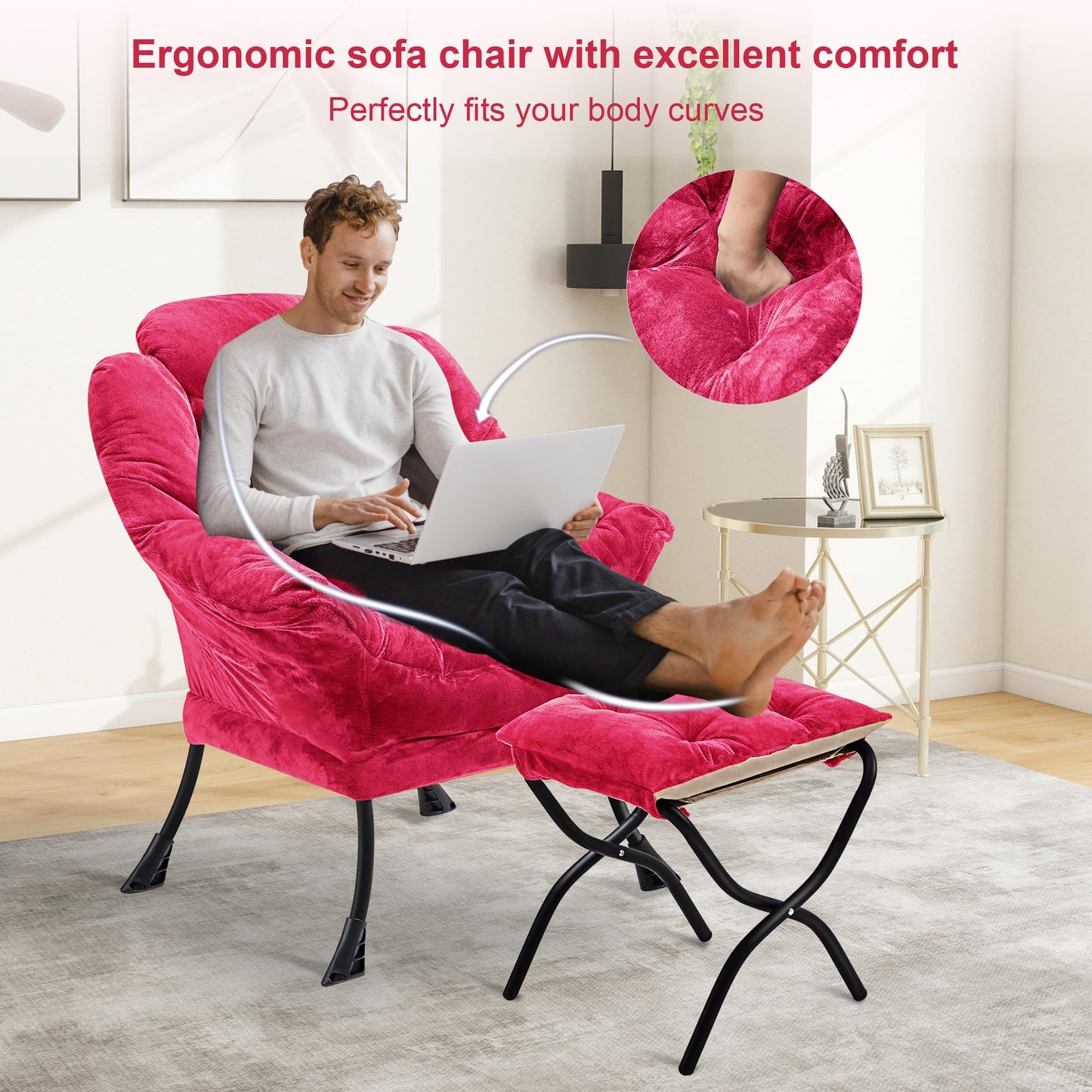 Halituny Fabric Lazy Chair with Ottoman, Oversized Upholstered Sofa Chair for Adults, Plush Comfy Lounge Chair with Large Side Storage Pocket, Reading Chair for Living Room, Bedroom, Office, Rose Red