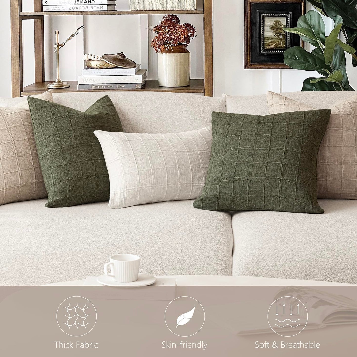 Foindtower Set of 2 Decorative Linen Check Throw Pillow Covers Neutral Farmhouse Lumbar Cushion Covers Modern Boho Home Decor for Sofa Chair Couch Bedroom Living Room Outdoor,12×20 Inch,Natural Linen