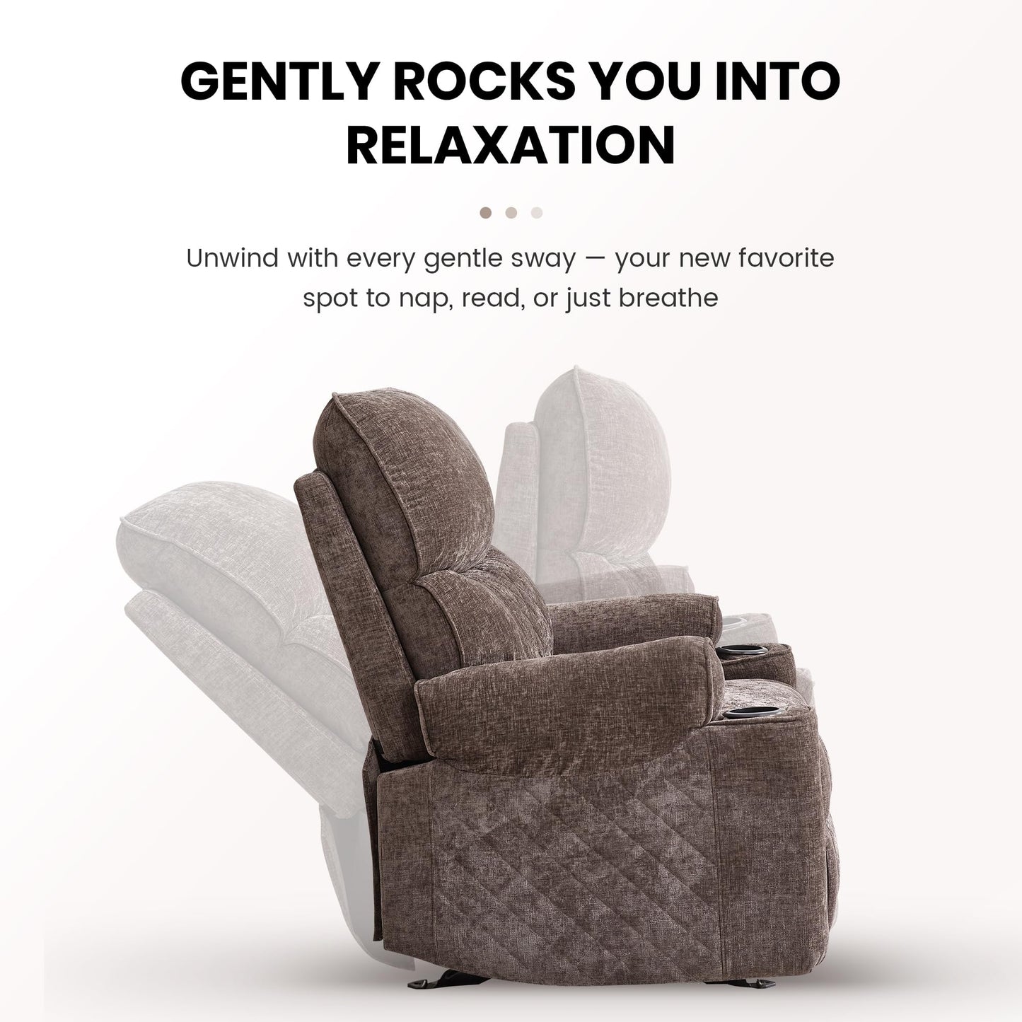 Keydo Rocker Recliner with Cup Holder, Manual Rocking Reclining Chairs for Living Room, Morden Home Theater Lounge Seating, Soft Padded Seat for Comfort (Fabric,Brown)