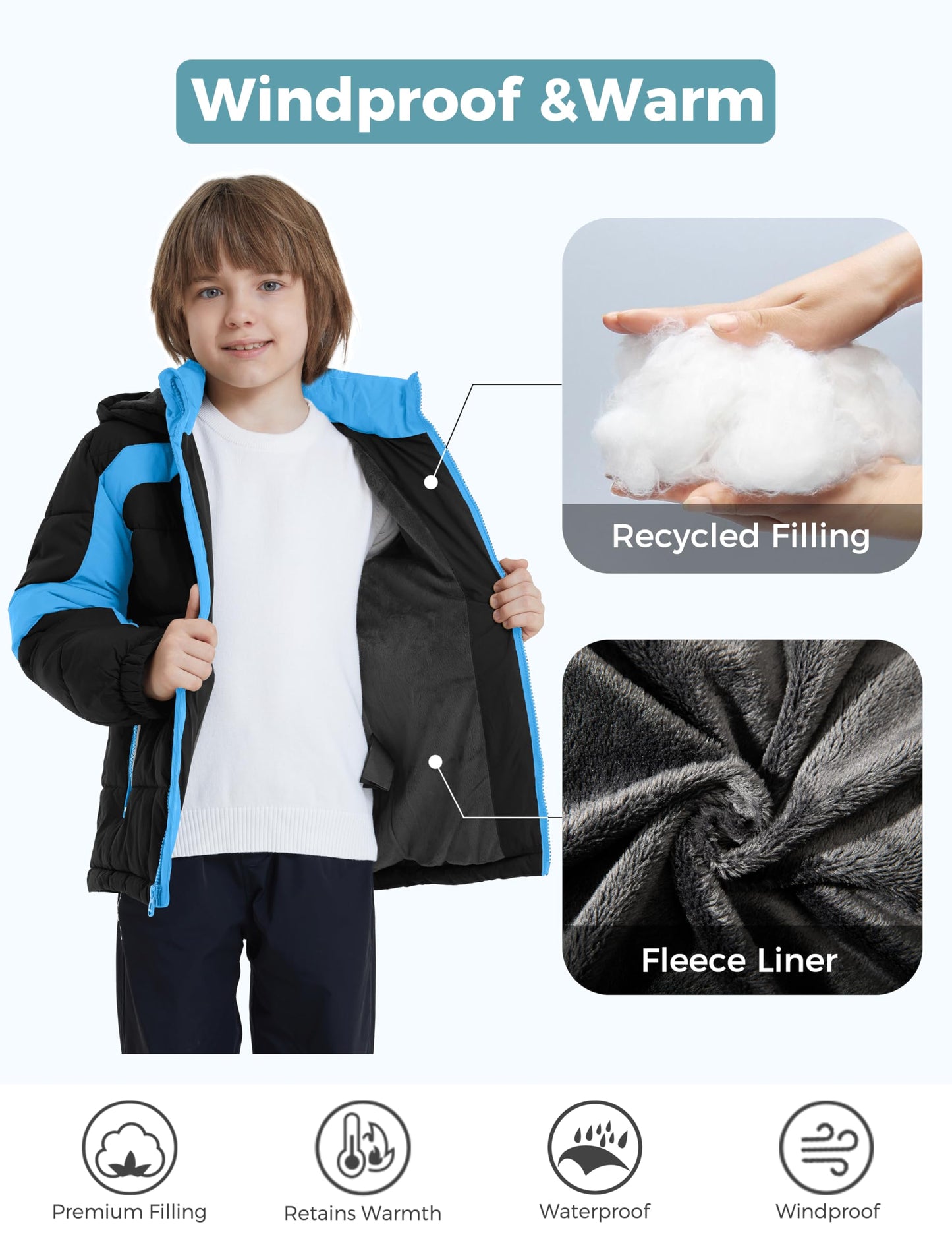 ZSHOW Boys' Puffer Jacket Windproof Waterproof Quilted Outerwear Coat with Hood(Black & Blue,10-12)