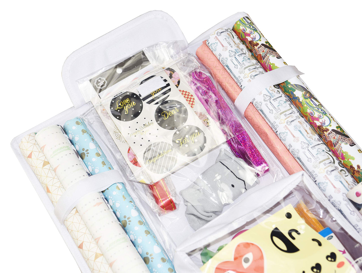 Double Sided Hanging Gift Wrap Organizer | Large 16" x 41" Wrapping Paper Rolls Storage Bag | Tearproof & Space Saving Closet Gift Bag Organization Solution | Sturdy Zippers & Robust Adhesive Strip