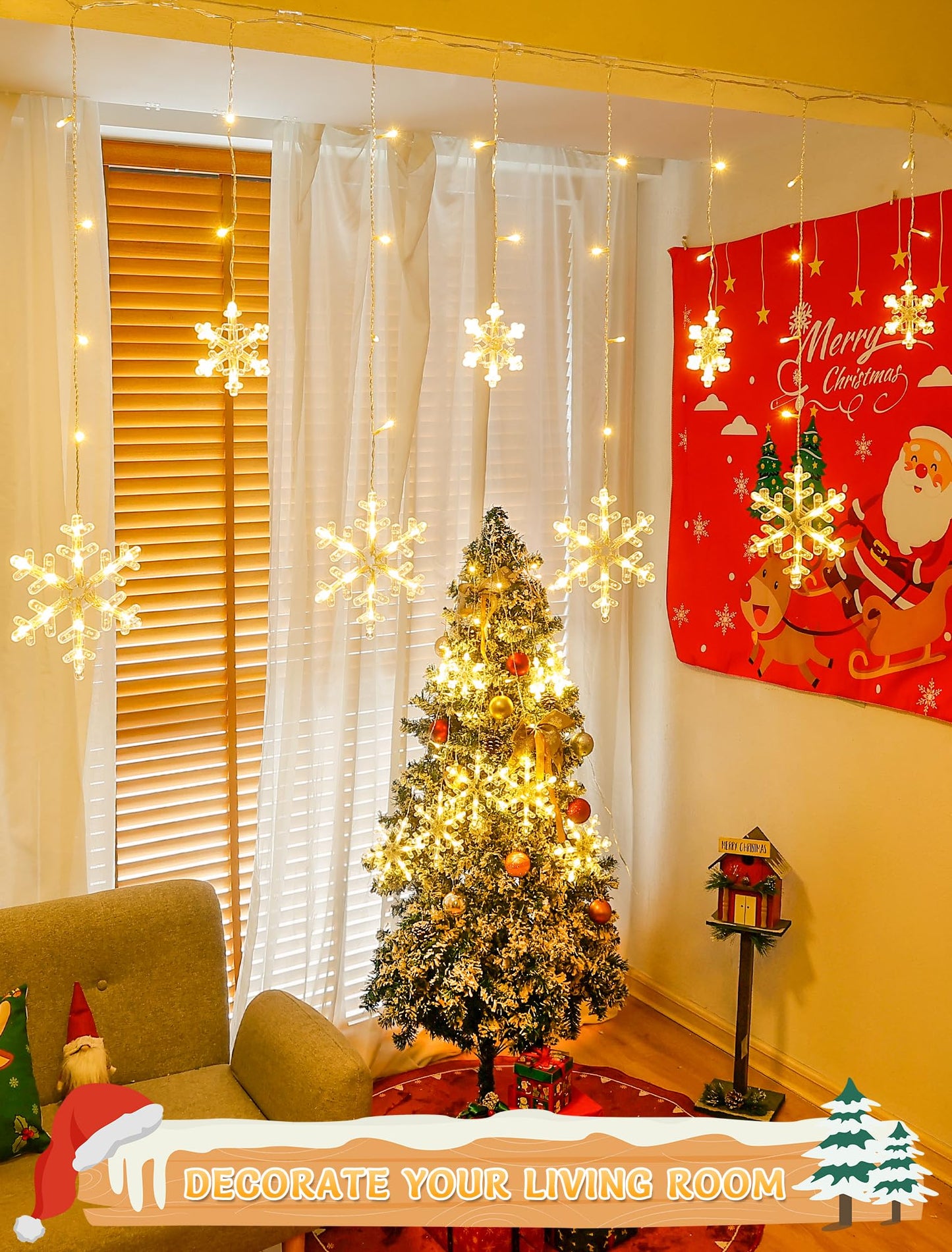 Qunlight Christmas Snowflake Lights,6.5ft 144LED Window Icicle Lights with 12 Drops,8 Modes Timer Connectable Curtain Light Plug in for Bedroom,Eaves,Wedding,Indoor Outdoor Xmas Decor,Warm White