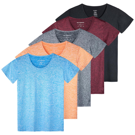 Real Essentials Womens Quick Dry Fit Dri Fit Active Wear Yoga Workout Athletic Tops Running Gym Exercise Ladies Short Sleeve Crew Scoop Neck Moisture Wicking Tees T-Shirt, Set 2, XL, Pack of 5