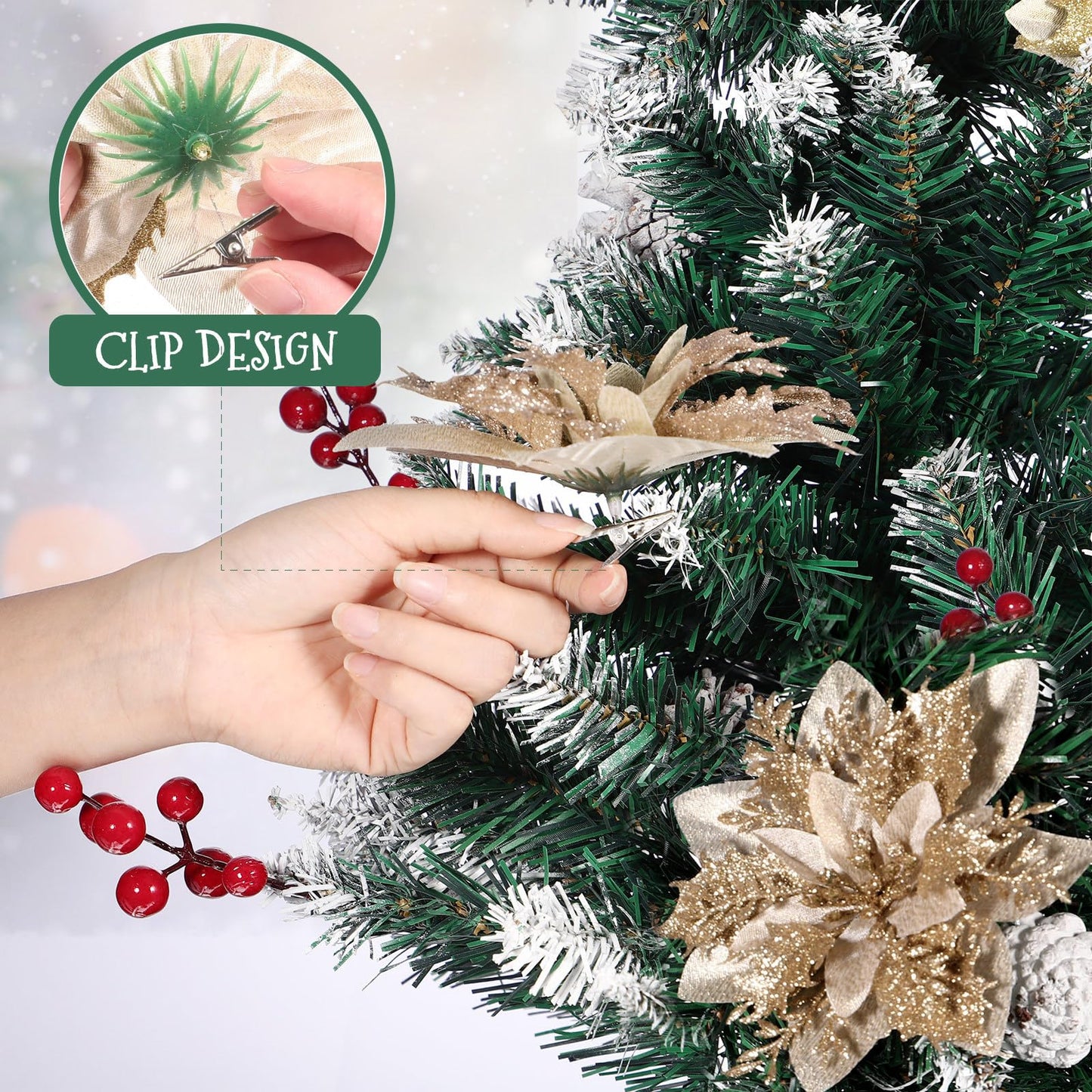 STOBOK Christmas Glitter Poinsettia Artificial Flowers|12 Pack Christmas Tree Ornaments for Wreaths Garland Holiday Party, Xmas Decoration, Red 6 Inch (Poinsettia)