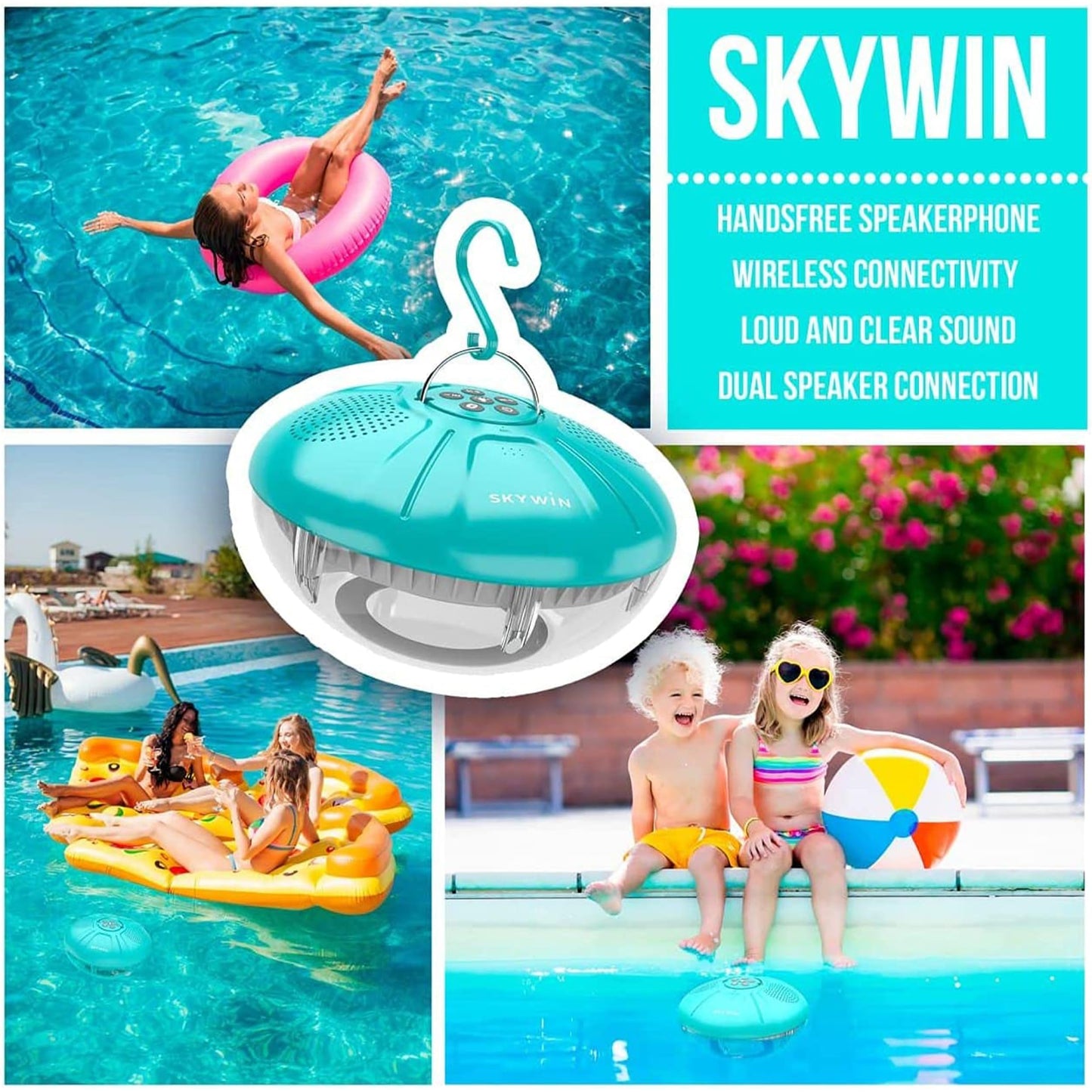 Skywin Floating Pool Speaker with Lights Accessories - Floating Pool Lights Inflatable Hot Tub Accessories - Water Resistant and Wireless