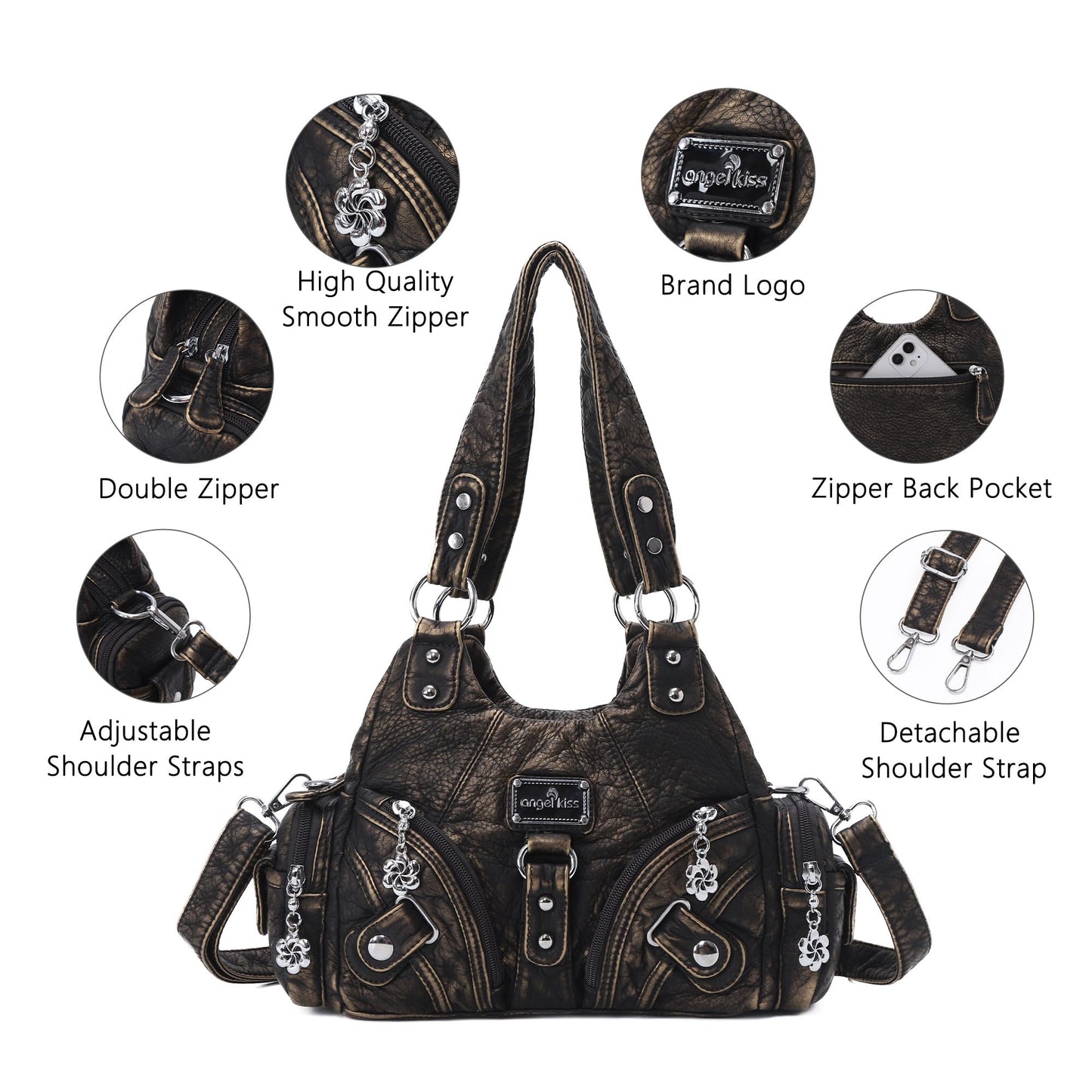 Angel Kiss Purses for Women Small Hobo Shoulder Bags Vagen Leather Multi-Pocket Tote Bag with Zipper (Bronze)