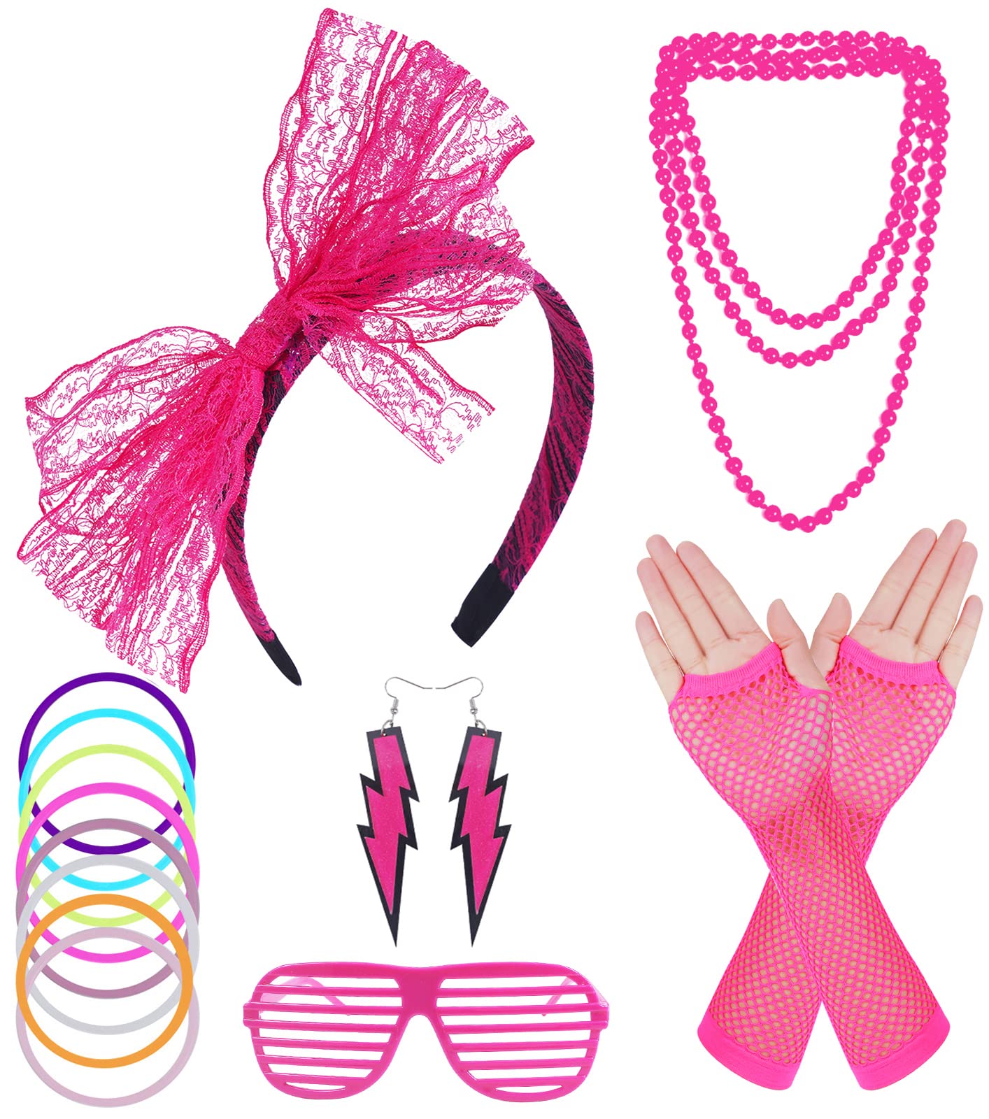 ONUPGO 80s Costume for Women, 80s Accessories Fancy Dress Neon Headband Earrings Fishnet Gloves Necklace for 80s Retro Party