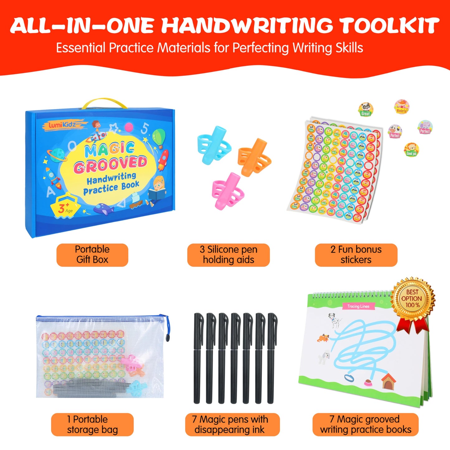 Magic Grooved Writing Practice for Kids Ages 3-8, Reusable Grooved Handwriting Workbooks, Large Writing Practice Books, Kindergarten Workbooks 10.24 * 7.29in(7 Books+Pens)