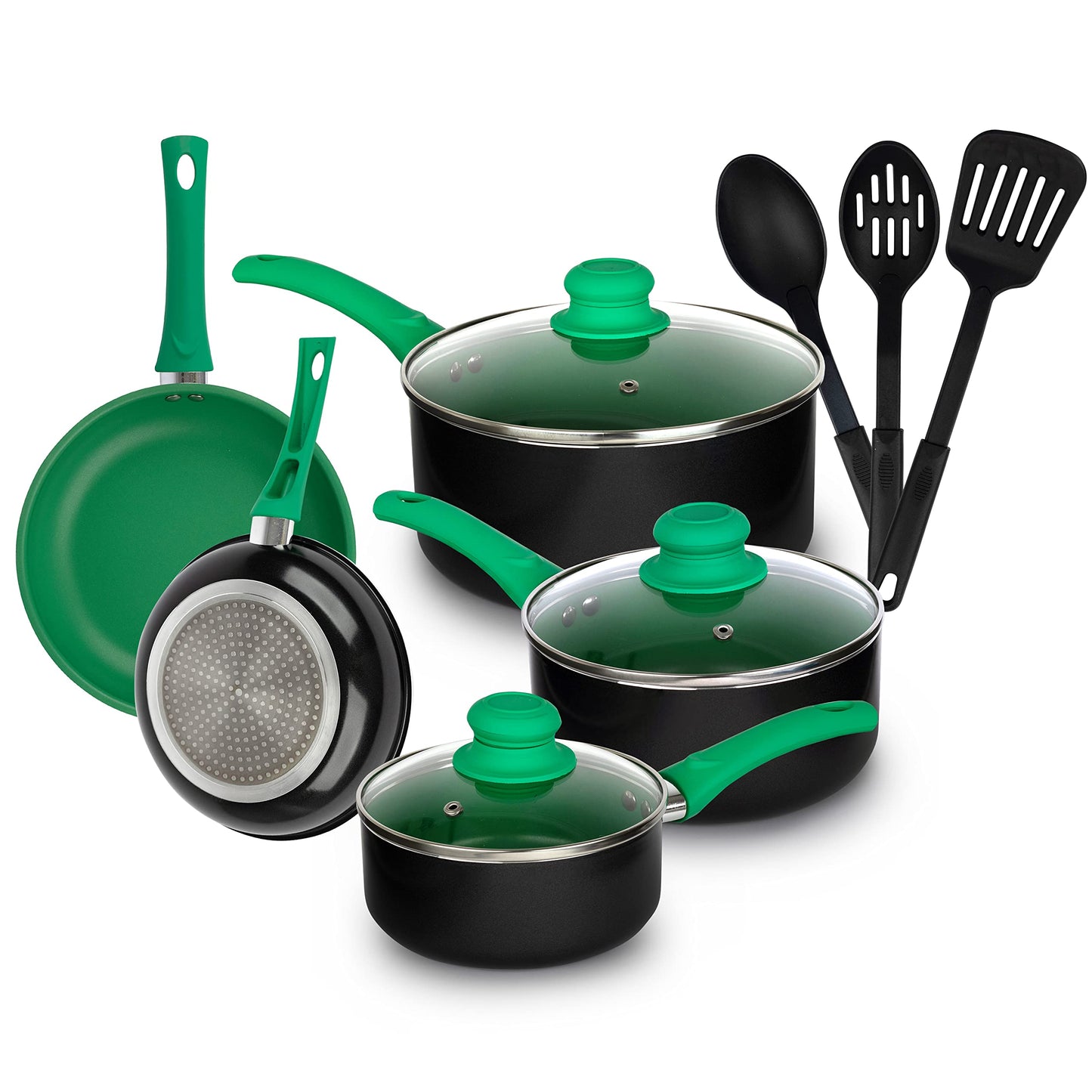 AHEIM Pots and Pans Set, Aluminum Nonstick Cookware Set, Fry Pans, Casserole with Lid, Sauce Pan, and Utensils, 11 Piece Cooking Set (Green)