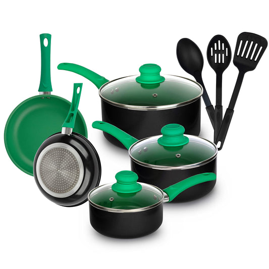 AHEIM Pots and Pans Set, Aluminum Nonstick Cookware Set, Fry Pans, Casserole with Lid, Sauce Pan, and Utensils, 11 Piece Cooking Set (Green)